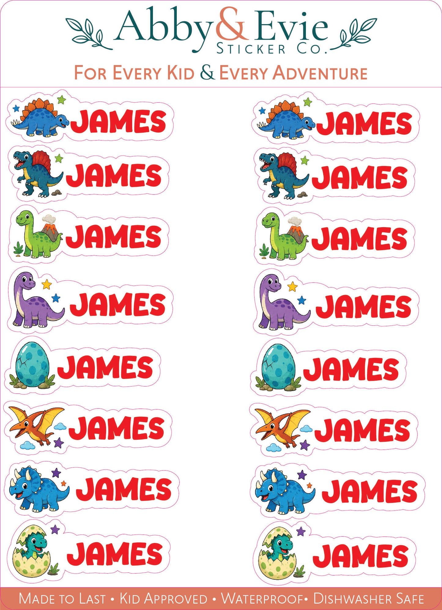 A sheet of personalized dinosaur-themed stickers with the name 'JAMES' repeated in red text on each sticker, accompanied by different colorful dinosaurs and eggs. The brand 'Abby & Evie Sticker Co.