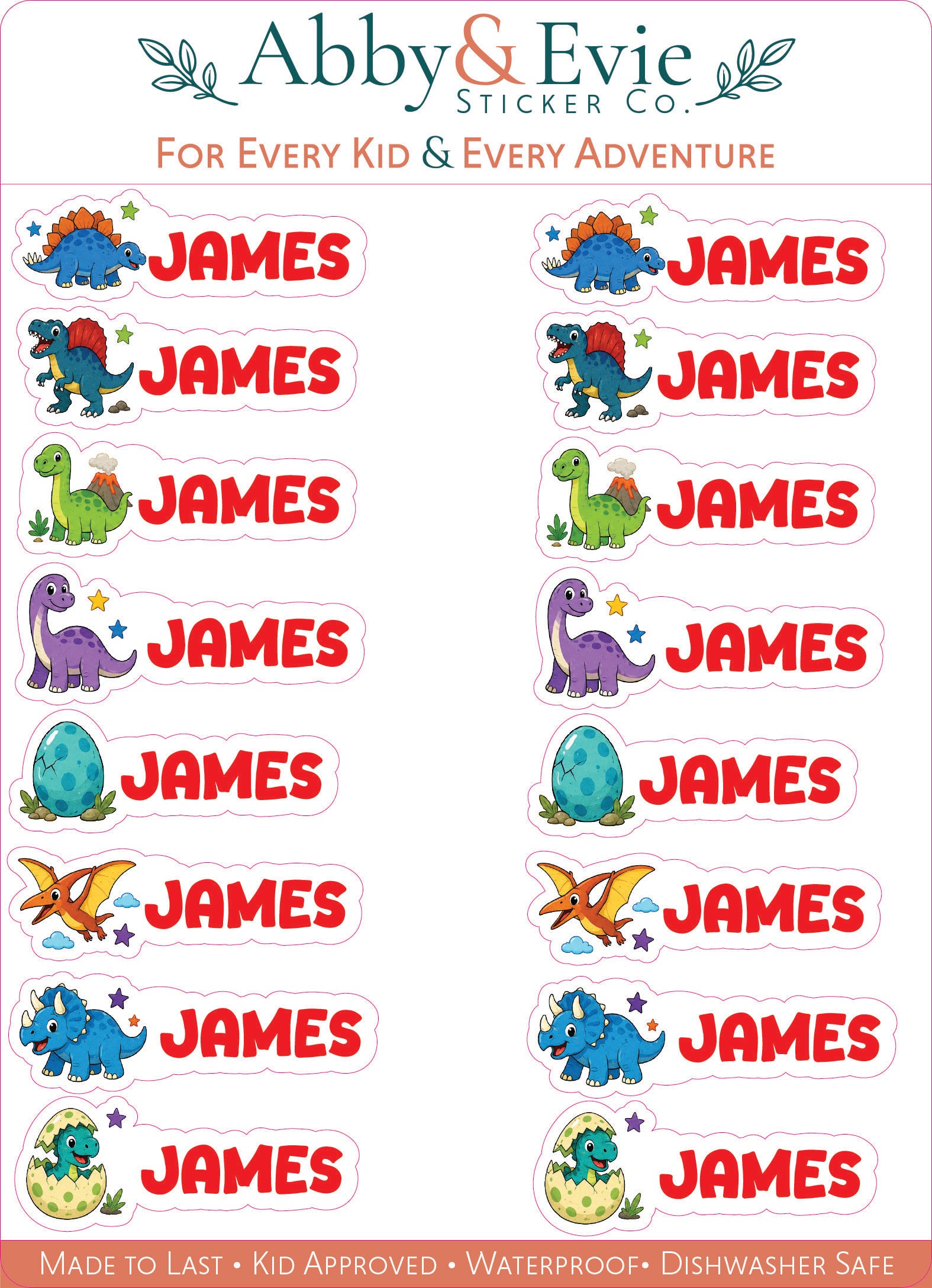 A sheet of personalized dinosaur-themed stickers with the name 'JAMES' repeated in red text on each sticker, accompanied by different colorful dinosaurs and eggs. The brand 'Abby & Evie Sticker Co.