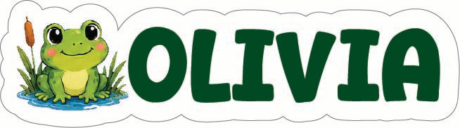 A personalized name sticker or decal featuring the name 'OLIVIA' in bold green letters next to a cartoon green frog sitting in water with a brown reed.