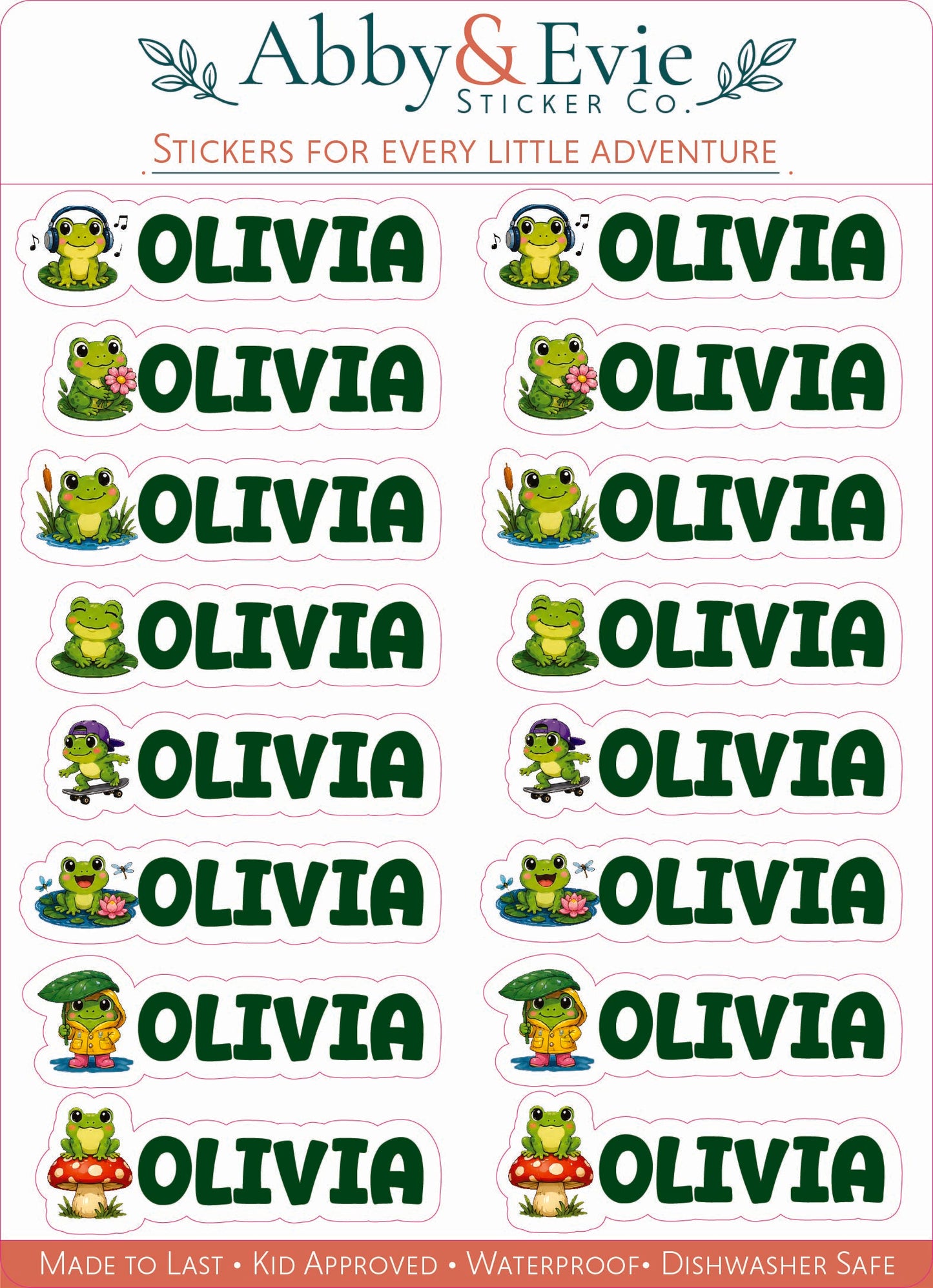 Personalized Frog Name Labels for Kids, Waterproof School & Daycare Stickers, Matching Frog Sticker Sheet, Optional Iron-On Clothing Labels