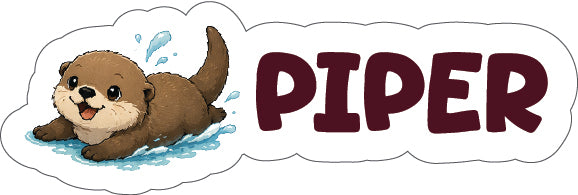 A cartoon-style label or sticker featuring a brown otter in water on the left and the word "PIPER" in large dark purple letters on the right, all inside a white cloud-like outline.