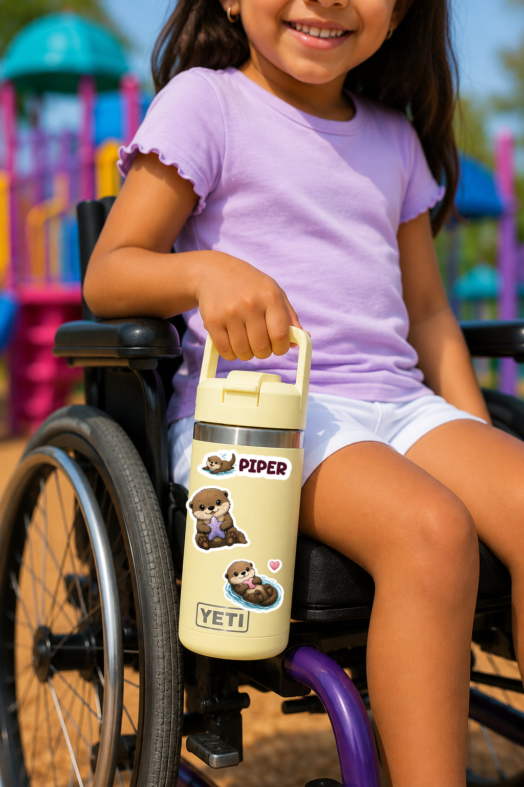 A smiling young girl in a wheelchair at a colorful playground holds a pale yellow YETI PIPER water bottle with cartoon otter stickers.