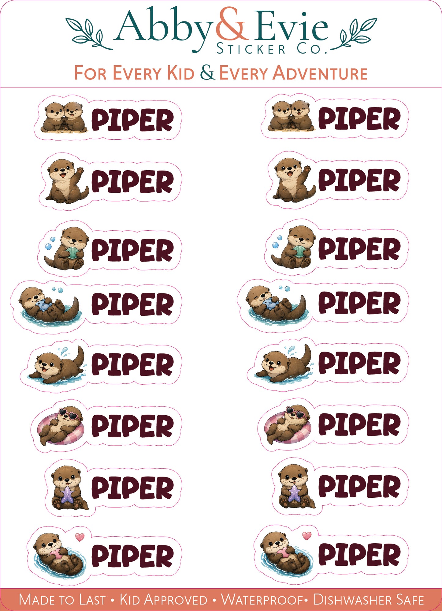 A sheet of sticker labels featuring cartoon otters and the word 'PIPER' repeated in bold dark purple text, with the brand name Abby & Evie Sticker Co. at the top and product claims along the bottom.