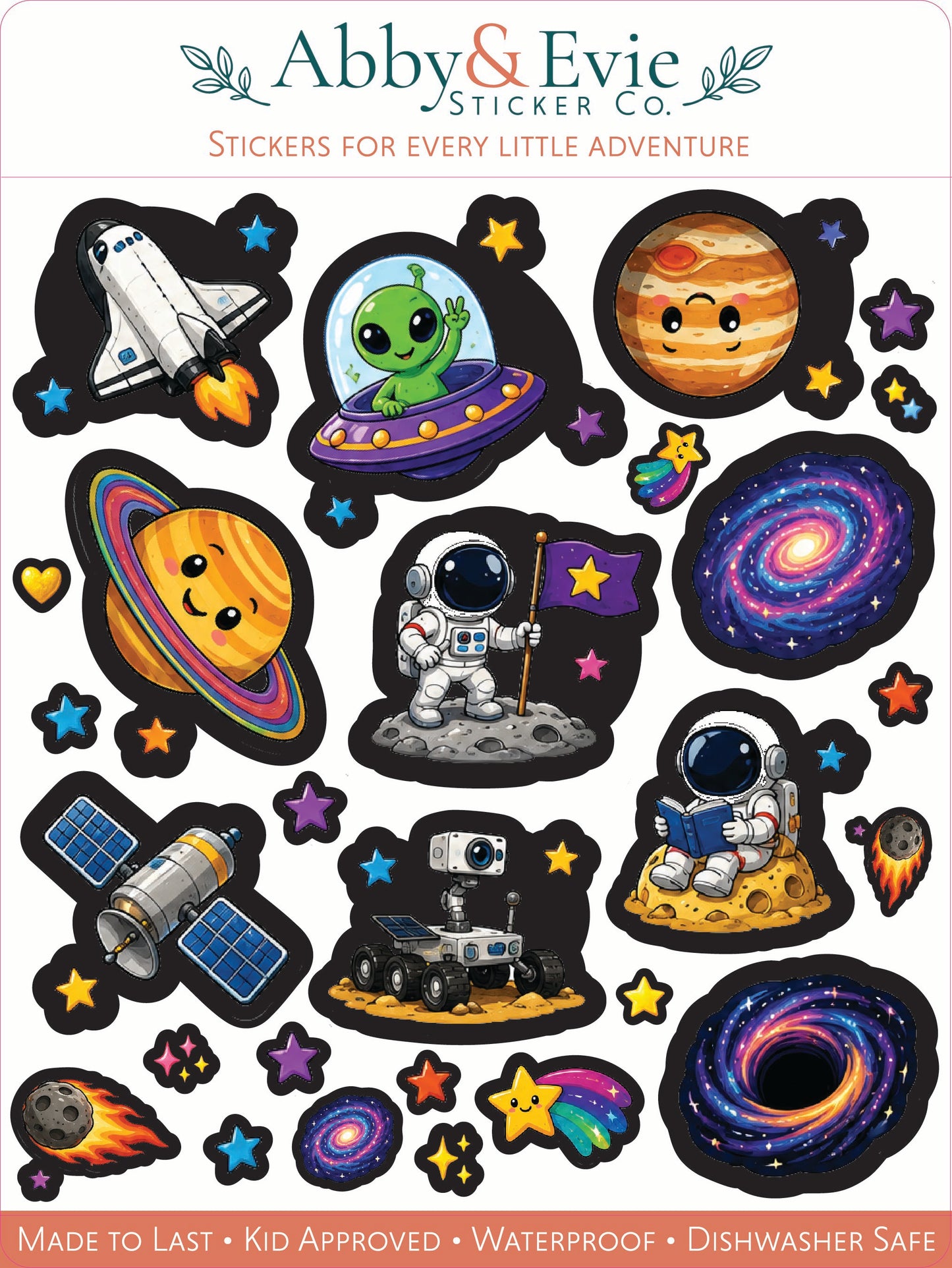 A sheet of Abby & Evie Sticker Co. space-themed stickers featuring planets, stars, an astronaut, a rocket, a satellite, a rover, and colorful rainbow accents on a black background.
