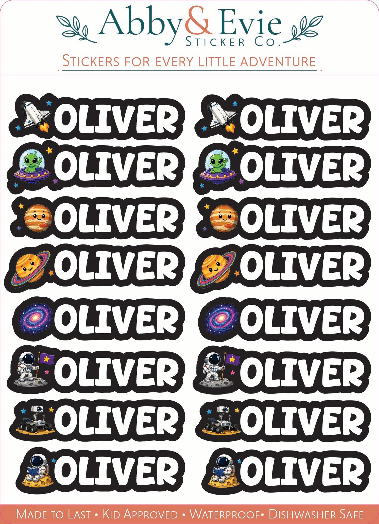 A sheet of custom stickers from Abby & Evie Sticker Co. featuring the name 'OLIVER' in bold white letters with black outlines, accompanied by various space-themed illustrations like rockets, aliens, planets, and astronauts.