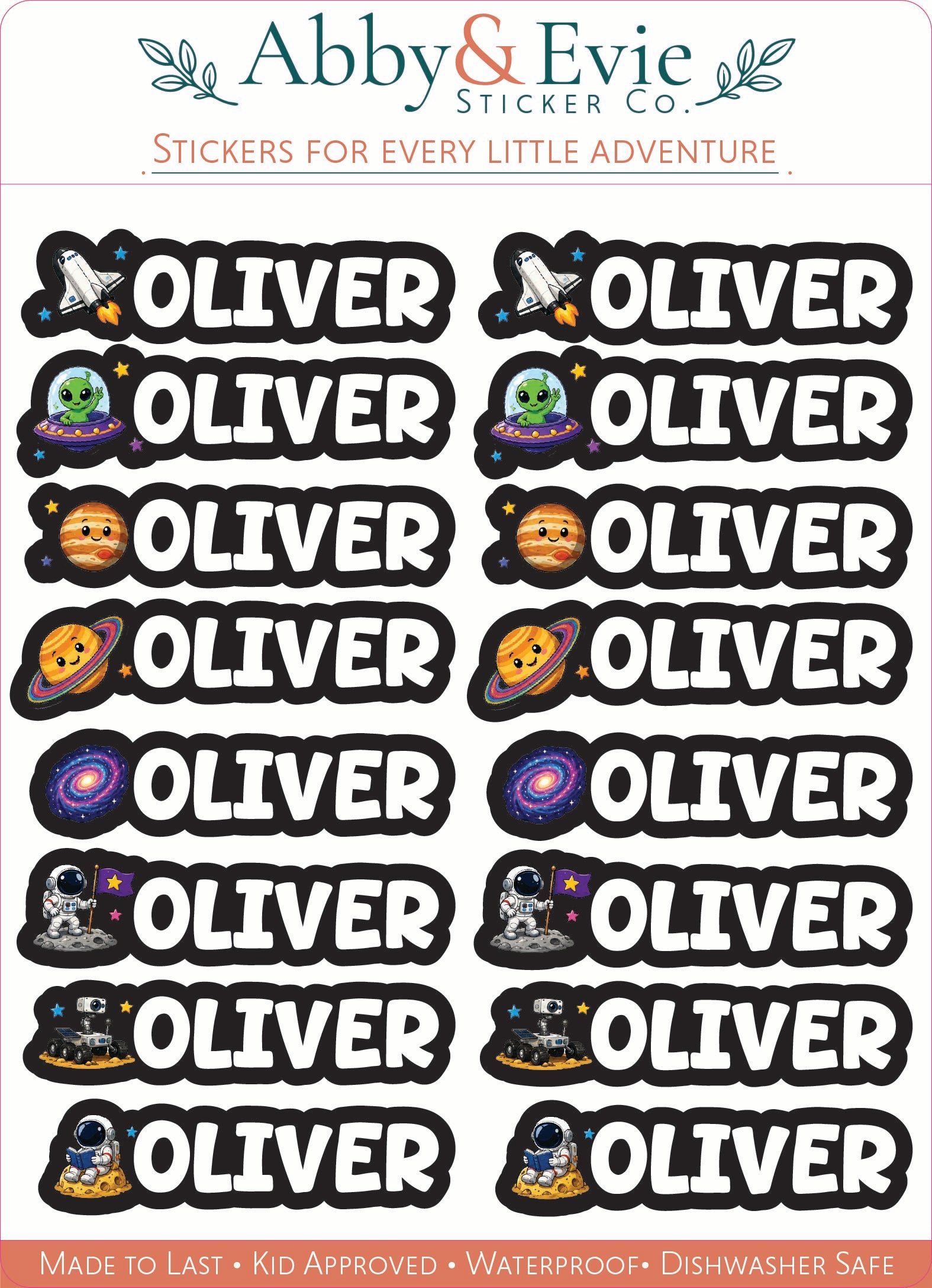 A sheet of custom stickers from Abby & Evie Sticker Co. featuring the name 'OLIVER' in bold white letters with black outlines, accompanied by various space-themed illustrations like rockets, aliens, planets, and astronauts.