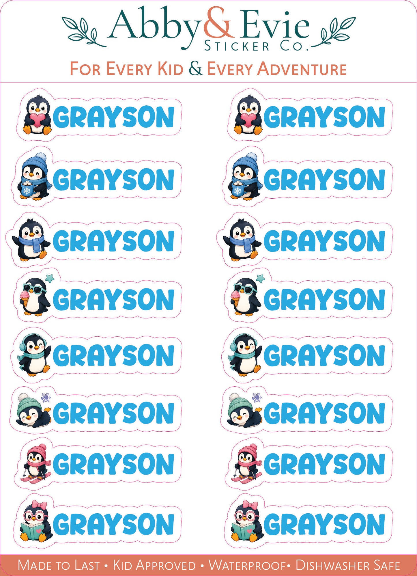 A sheet of custom penguin-themed name stickers for kids, featuring the name 'GRAYSON' in light blue text with various cartoon penguin illustrations. The brand 'Abby & Evie Sticker Co.