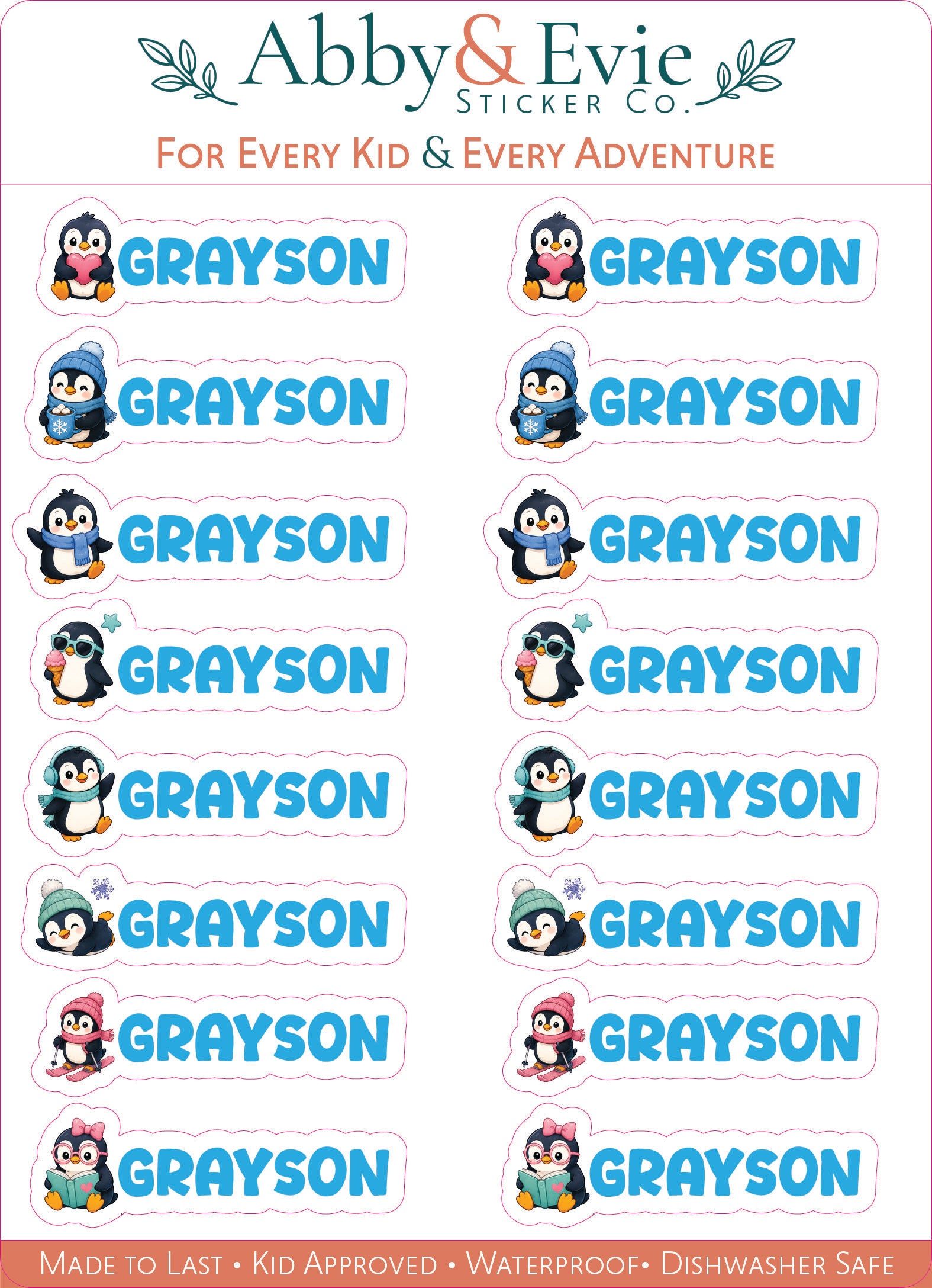 A sheet of custom penguin-themed name stickers for kids, featuring the name 'GRAYSON' in light blue text with various cartoon penguin illustrations. The brand 'Abby & Evie Sticker Co.