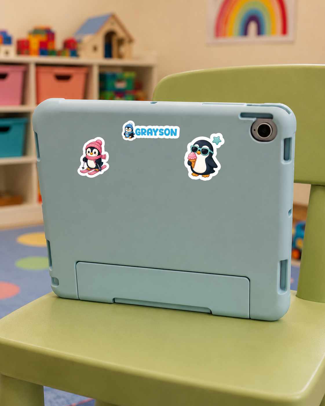 A light blue tablet case with two penguin stickers and a 'GRAYSON' logo decal, shown resting on a green children's chair in a colorful room.