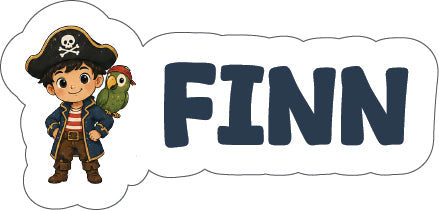 A cartoon pirate character with a parrot next to the name 'FINN' in large dark blue letters, all inside a white cloud-shaped outline on a light gray background.