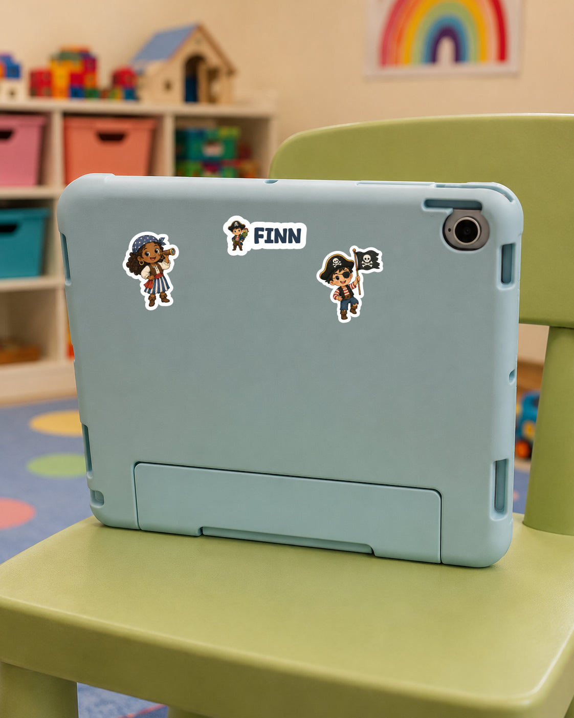 A light blue tablet case with three pirate-themed stickers, including the name 'FINN', resting on a green chair in a child's room.