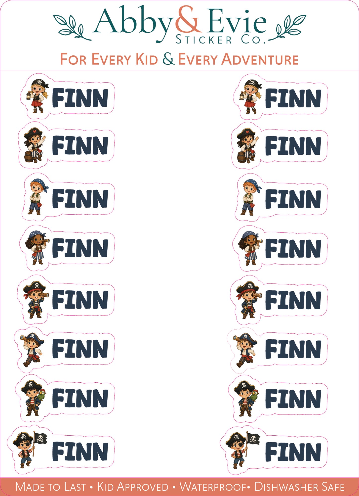 A sheet of Abby & Evie Sticker Co. pirate-themed stickers featuring the name 'FINN' in navy blue text next to cartoon pirate illustrations, with branding at the top and product claims at the bottom.