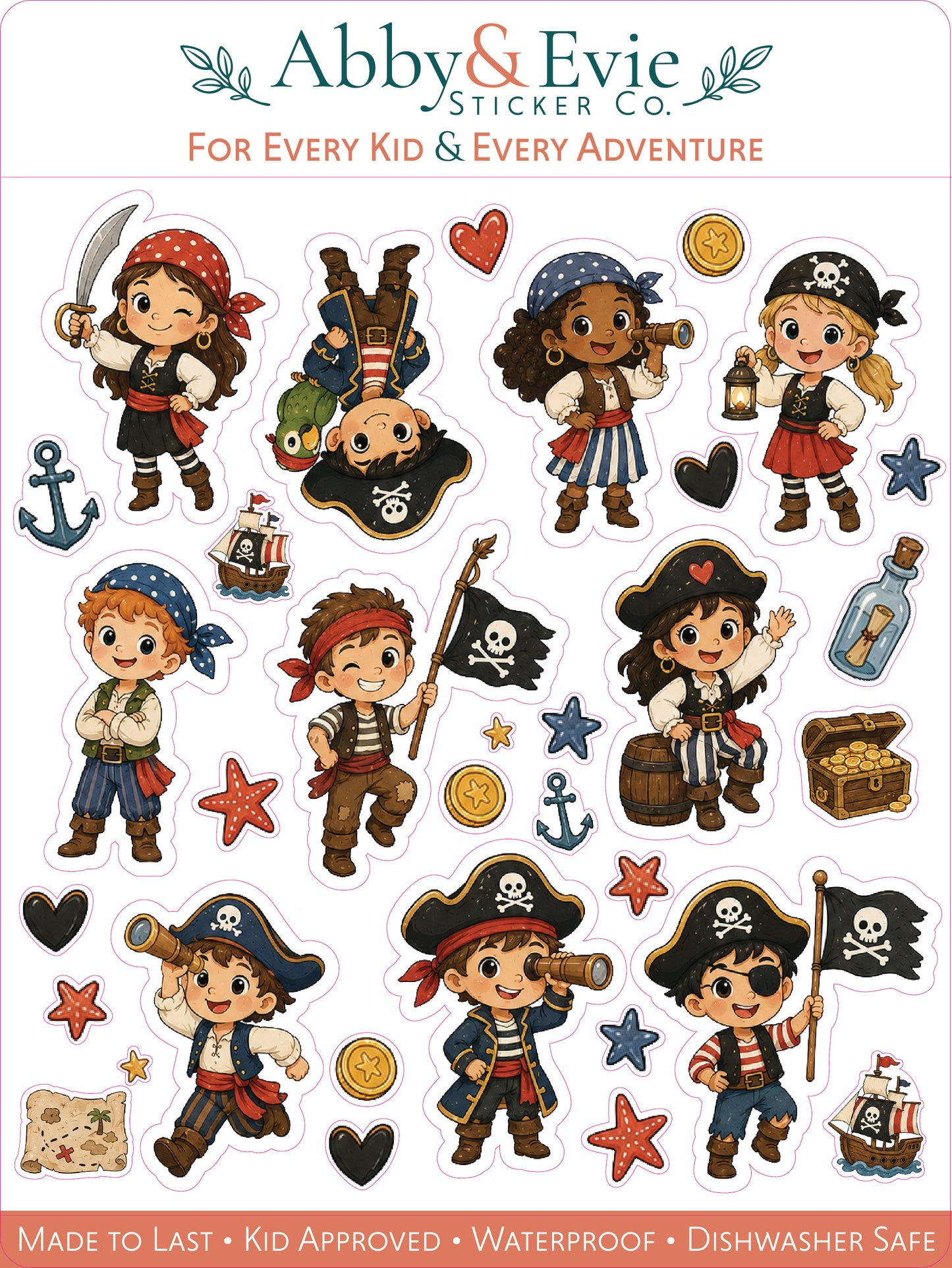 A sheet of pirate-themed stickers from Abby & Evie Sticker Co., featuring cartoon children in pirate outfits with accessories like flags, anchors, treasure chests, stars, and coins on a white background.