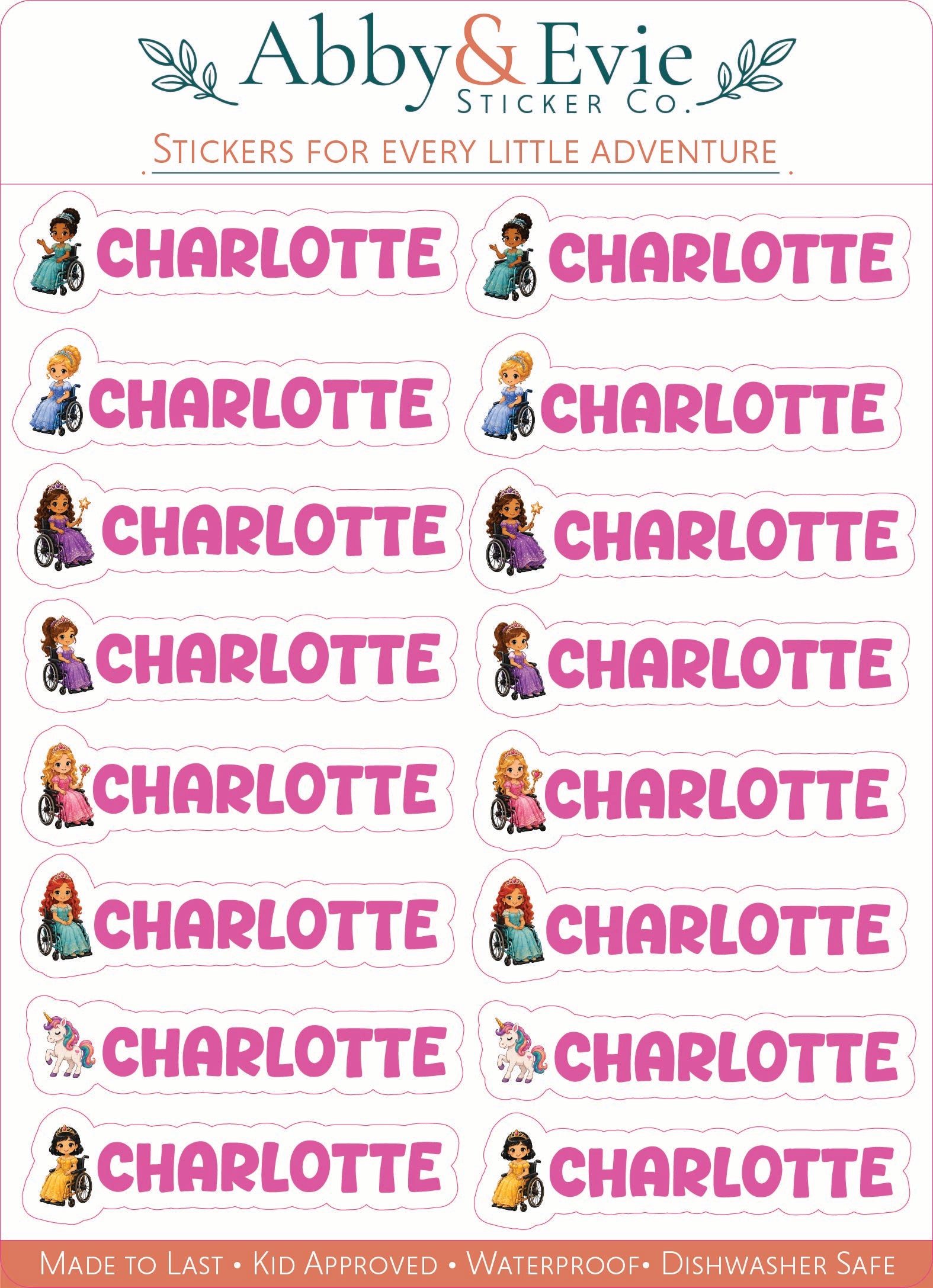 A sheet of 'Charlotte' name stickers for 'Abby & Evie Sticker Co.' featuring the name 'CHARLOTTE' in bold pink letters with cartoon illustrations of children above each name.