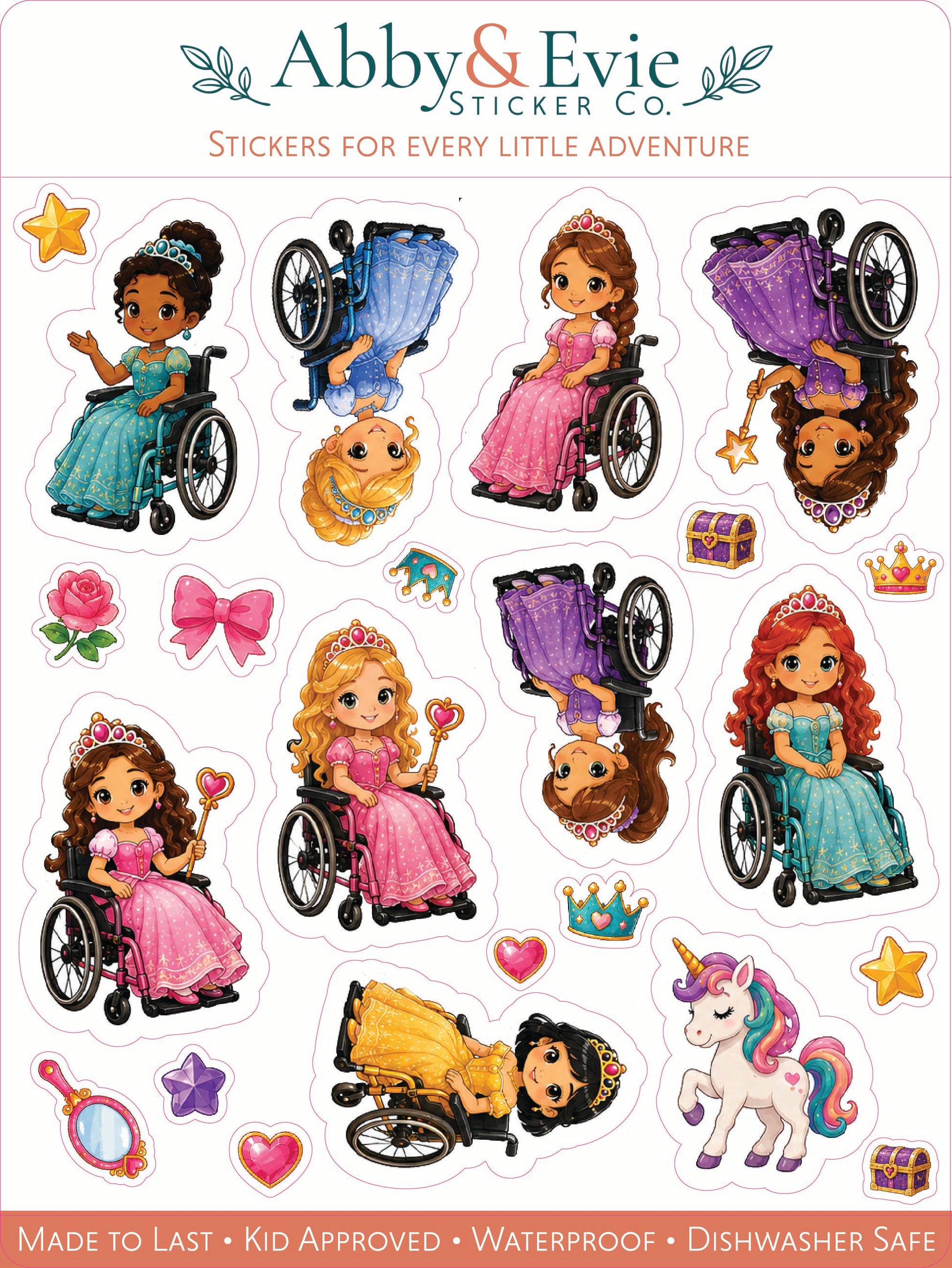 A sheet of Abby & Evie Sticker Co. stickers featuring cartoon princesses in wheelchairs, colorful bows, crowns, stars, a unicorn, and small accessories on a white background with the brand header at the top.