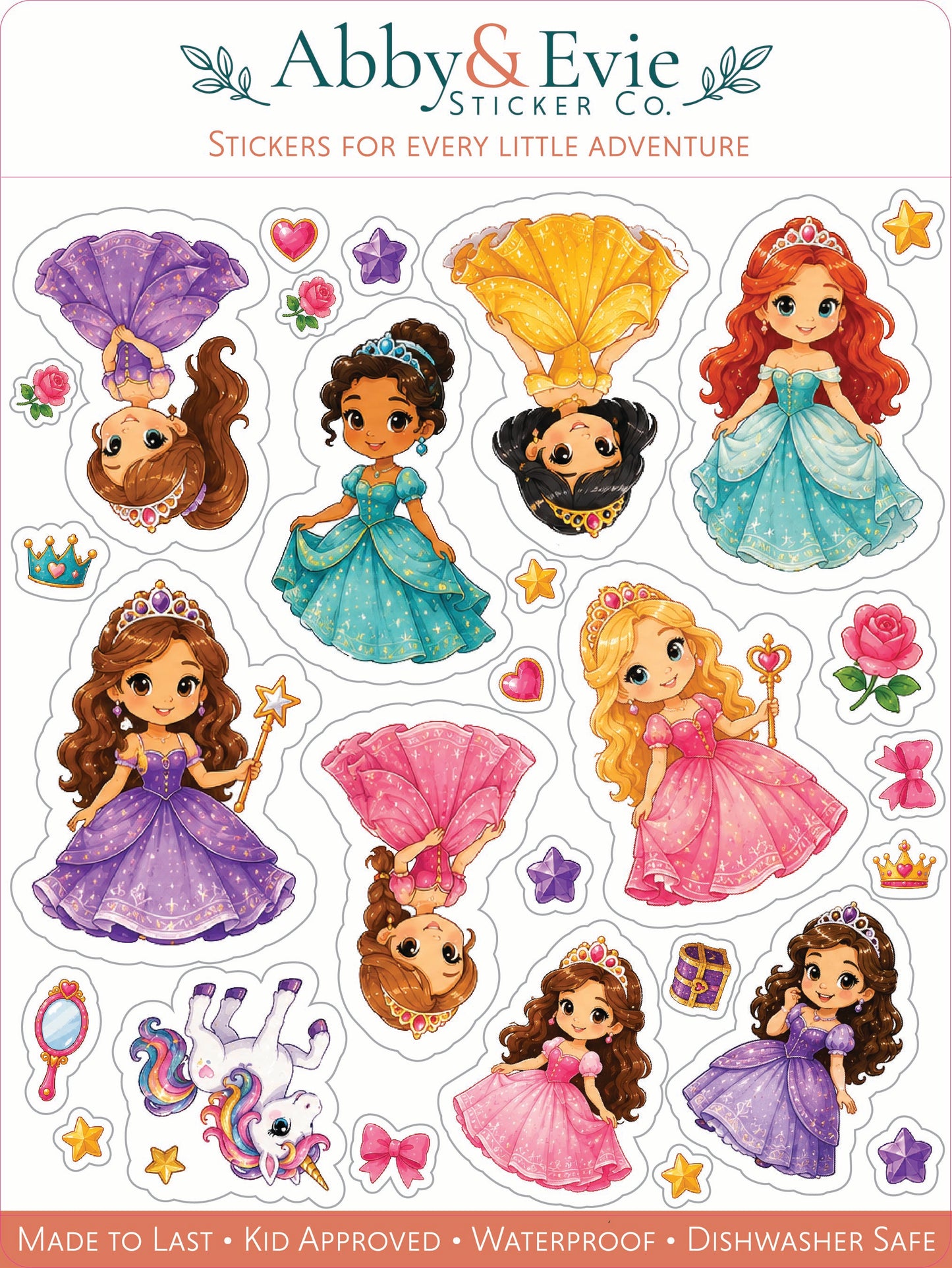 A sheet of watercolor-style princess stickers from Abby & Evie Sticker Co., featuring cartoon girls in colorful dresses with stars, hearts, crowns, and other small decorative stickers on a white background.
