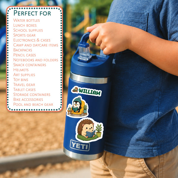 Personalized Reading Animal Name Labels for Kids, Waterproof School Stickers, Book Lover Sticker Sheet & Optional Iron-On Clothing Labels