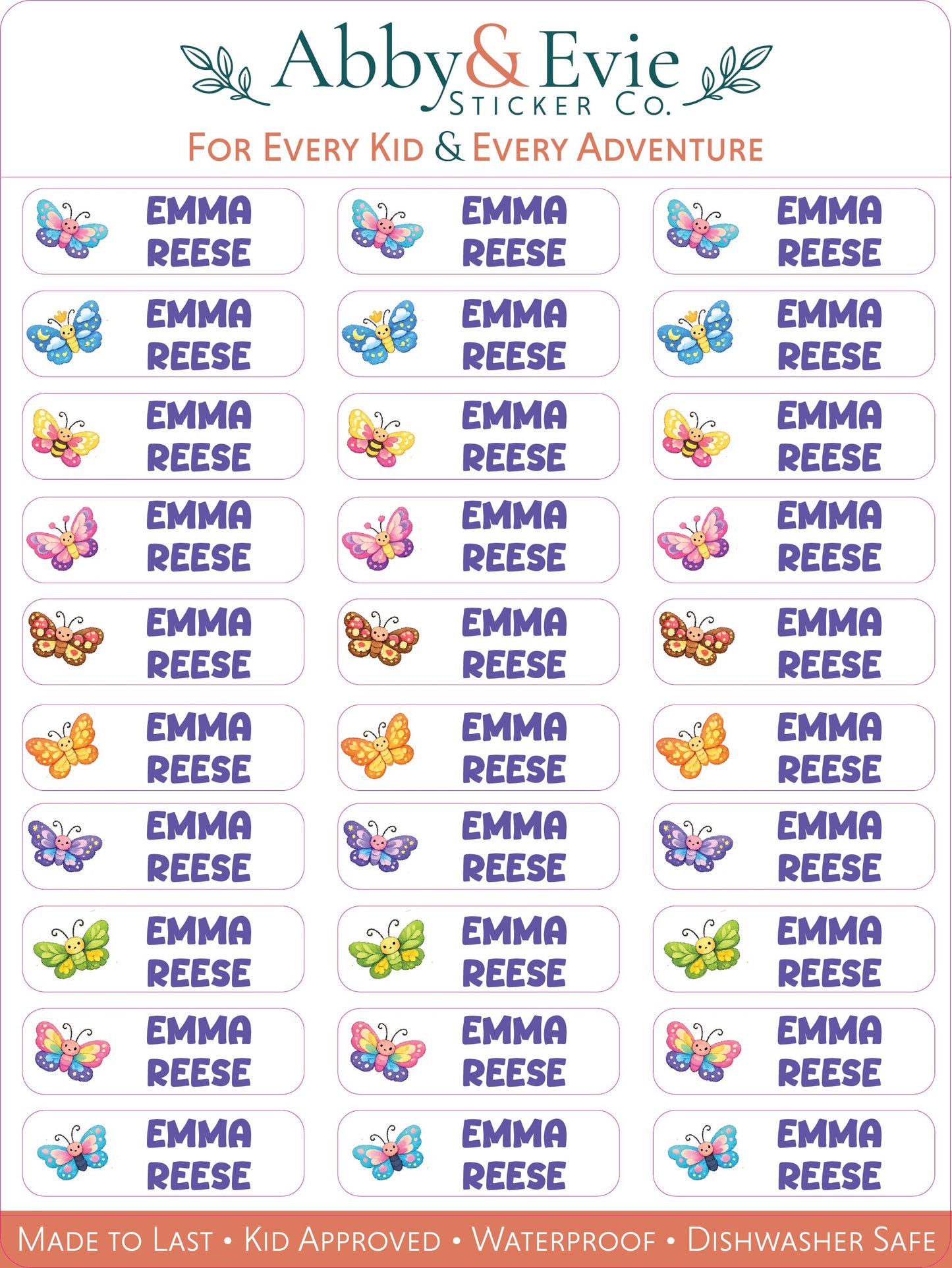 Personalized Rainbow Butterfly Name Labels for Kids, Waterproof School Stickers, Cute Butterfly Sticker Set, Water Bottle & Lunch Box Labels