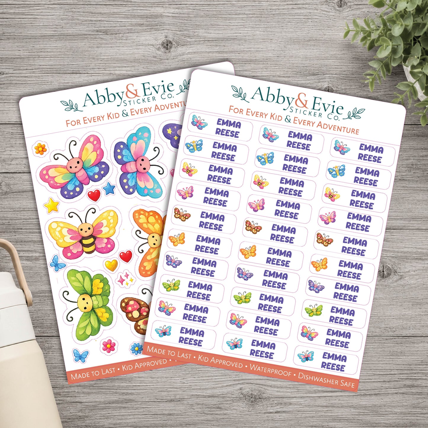 Personalized Rainbow Butterfly Name Labels for Kids, Waterproof School Stickers, Cute Butterfly Sticker Set, Water Bottle & Lunch Box Labels