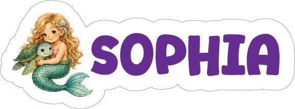 A personalized mermaid name sticker featuring an illustration of a blonde mermaid with a green tail hugging a green turtle, next to the name 'SOPHIA' in large purple bubble letters on a white cloud-shaped background. The mermaids have cochlear implants.