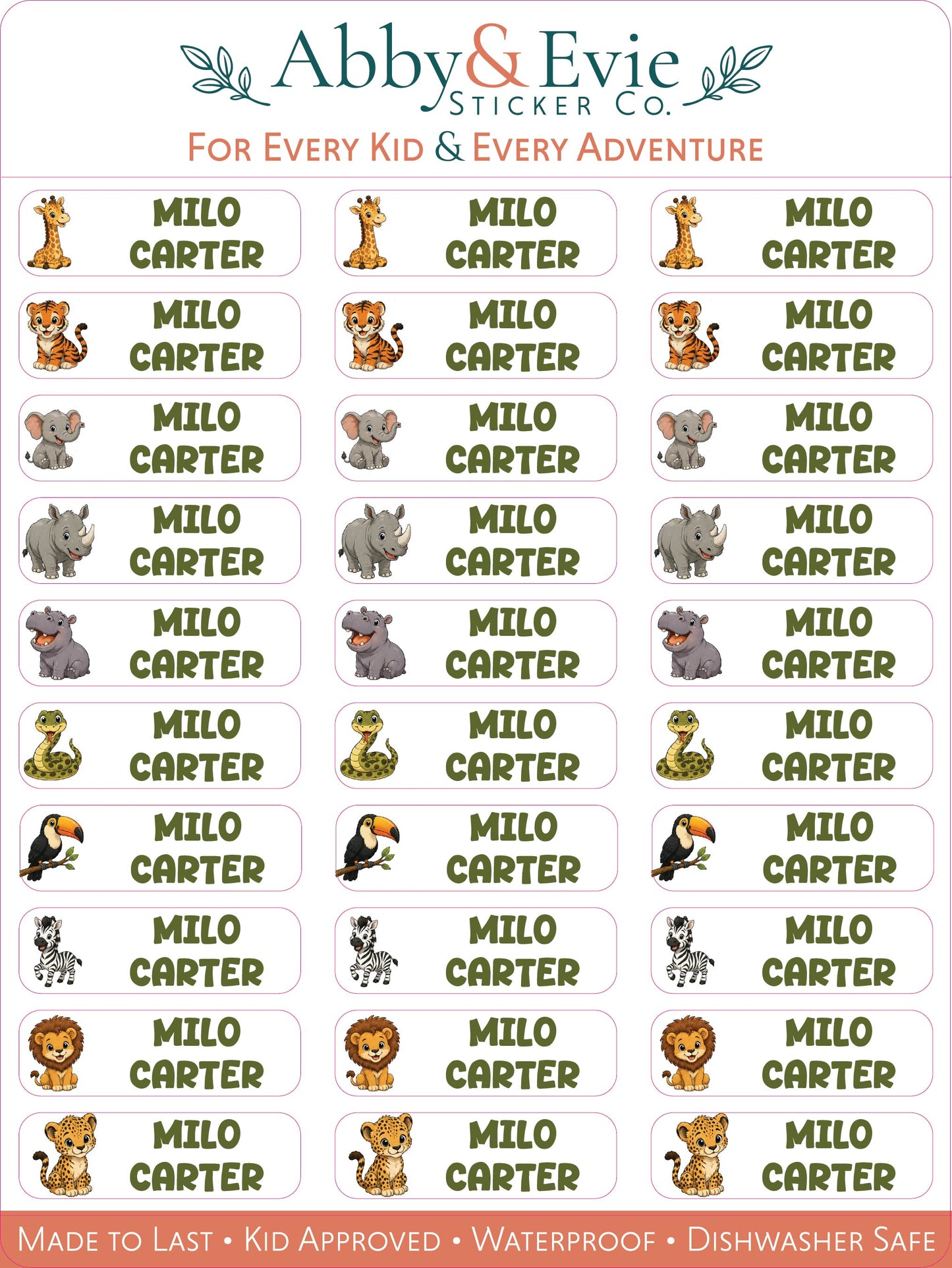 A sheet of Abby & Evie Sticker Co. name stickers for kids, featuring cartoon safari animals and the name 'MILO CARTER' printed on each white rounded rectangular sticker.