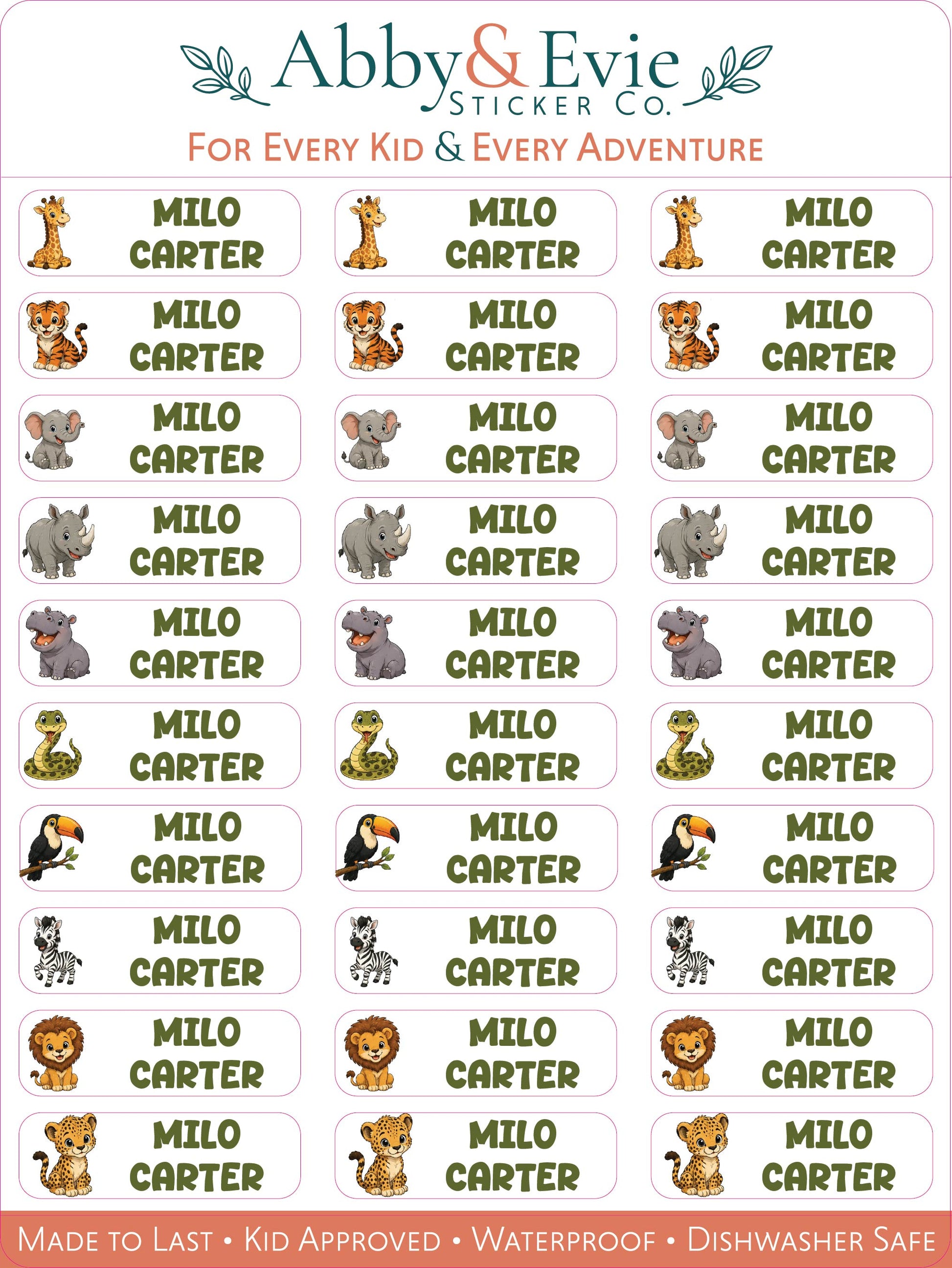 A sheet of Abby & Evie Sticker Co. name stickers for kids, featuring cartoon safari animals and the name 'MILO CARTER' printed on each white rounded rectangular sticker.