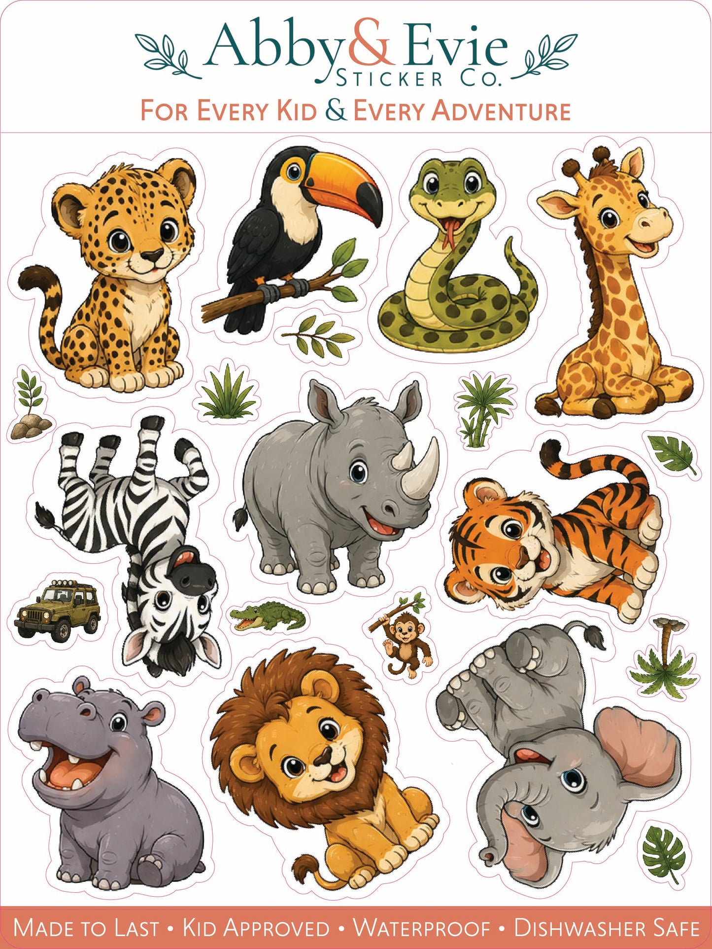 A sheet of safari animal stickers by Abby & Evie Sticker Co. featuring cartoon illustrations of a cheetah, toucan, snake, giraffe, rhino, tiger, hippo, elephant, zebra, monkey, and small jungle elements on a white background with product text at the top and bottom.