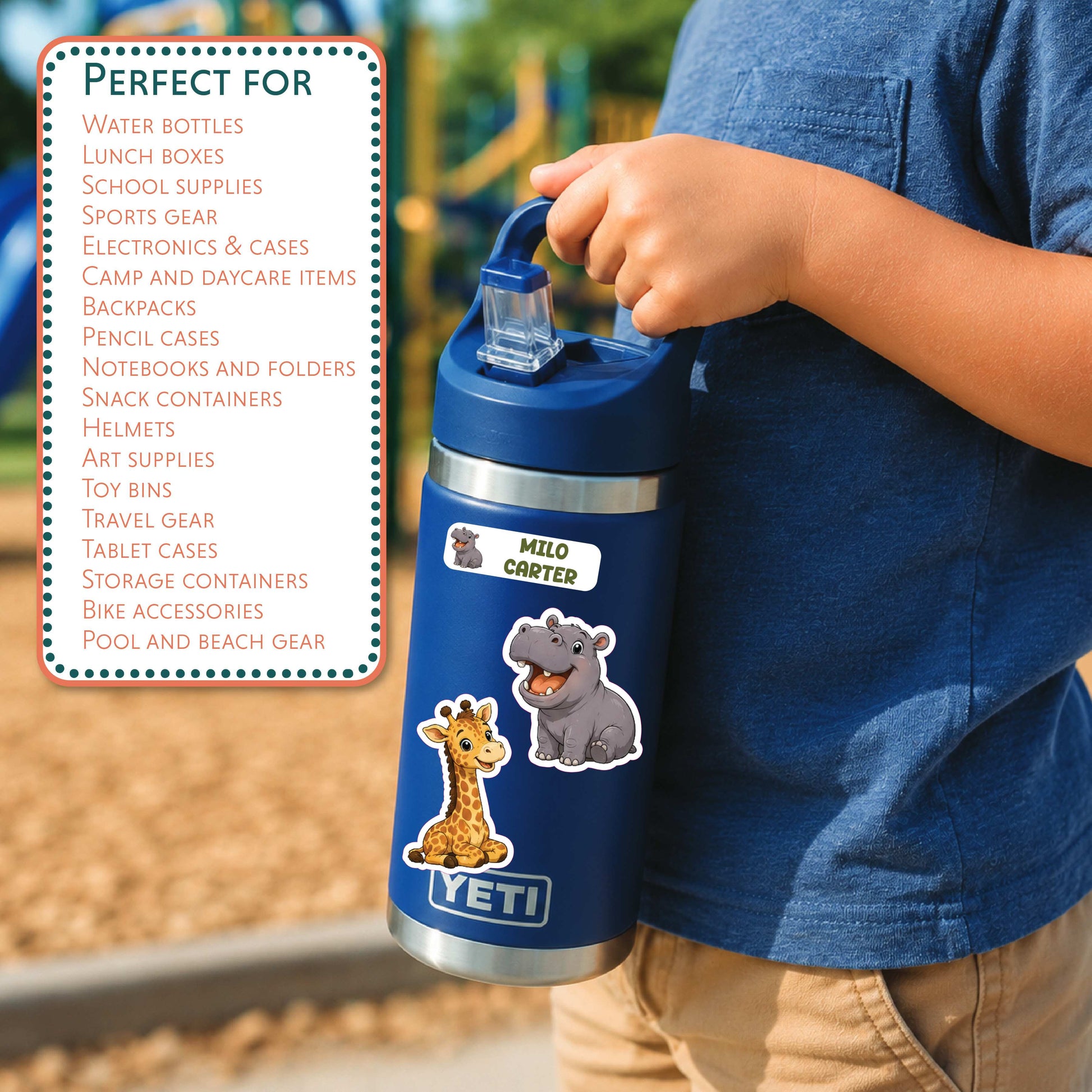 A child in a blue shirt holds a blue YETI water bottle with cartoon animal stickers, including a giraffe, hippo, and a 'Milo Carter' label. A white text box on the left lists product uses such as water bottles, lunch boxes, and sports gear.