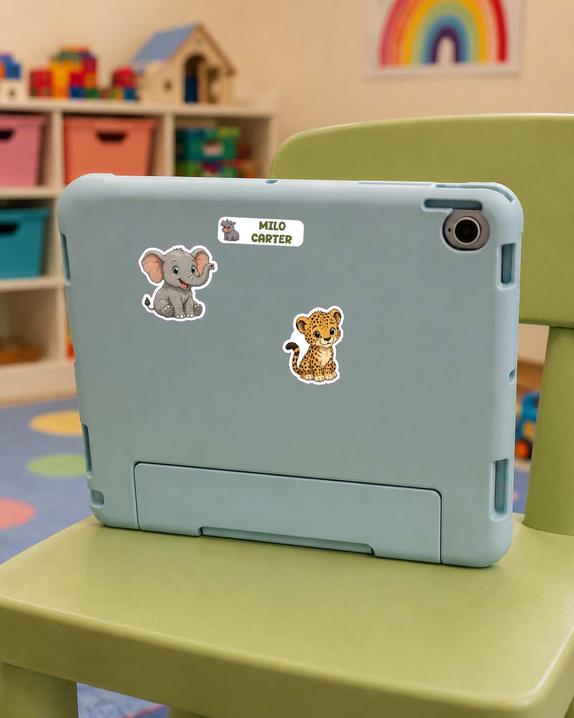 A light blue protective tablet case with two animal stickers (a gray elephant and a cheetah) and a custom name sticker ('MILO CARTER') on the back, resting on a green children's chair in a colorful toy-filled room.
