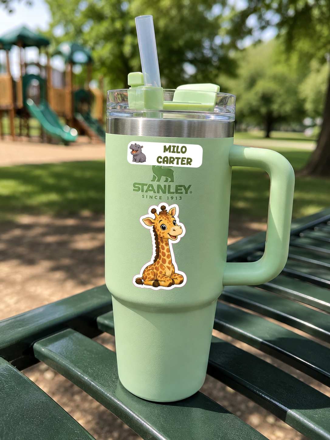 A mint green Stanley travel tumbler with a handle, clear lid, and straw, sitting on a green park bench. The tumbler has a custom name sticker reading 'MILO CARTER' and a cartoon giraffe sticker.