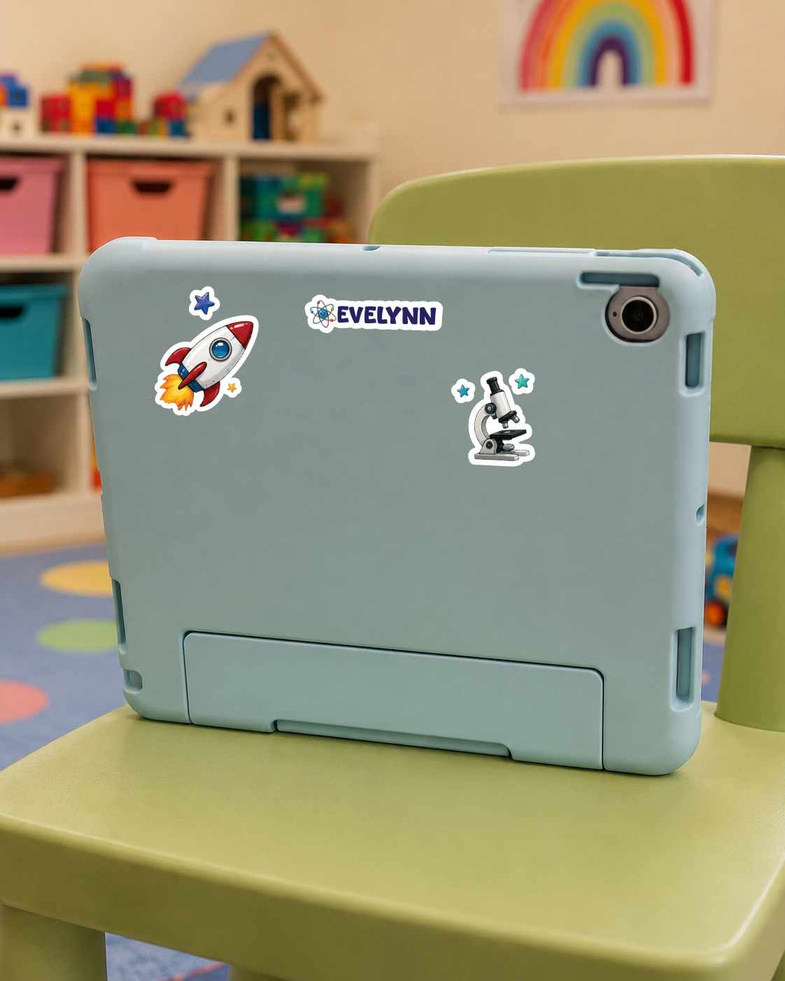 A light blue tablet case with custom name 'EVELYNN' and space-themed stickers, shown on a green children's chair in a colorful playroom.