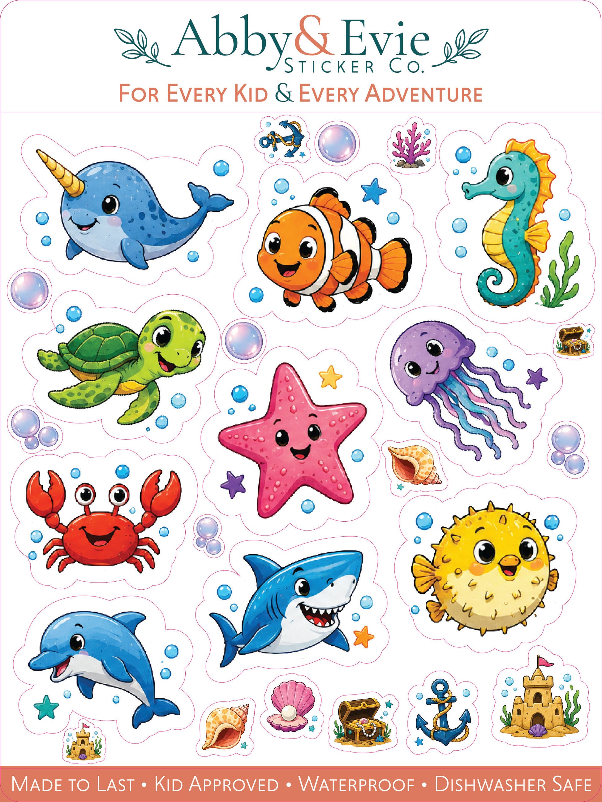 A sheet of cartoon underwater and sea-themed stickers for kids, featuring a narwhal, clownfish, seahorse, turtle, octopus, crab, shark, pufferfish, starfish, dolphin, anchor, and sandcastle. The sheet has the Abby & Evie Sticker Co.