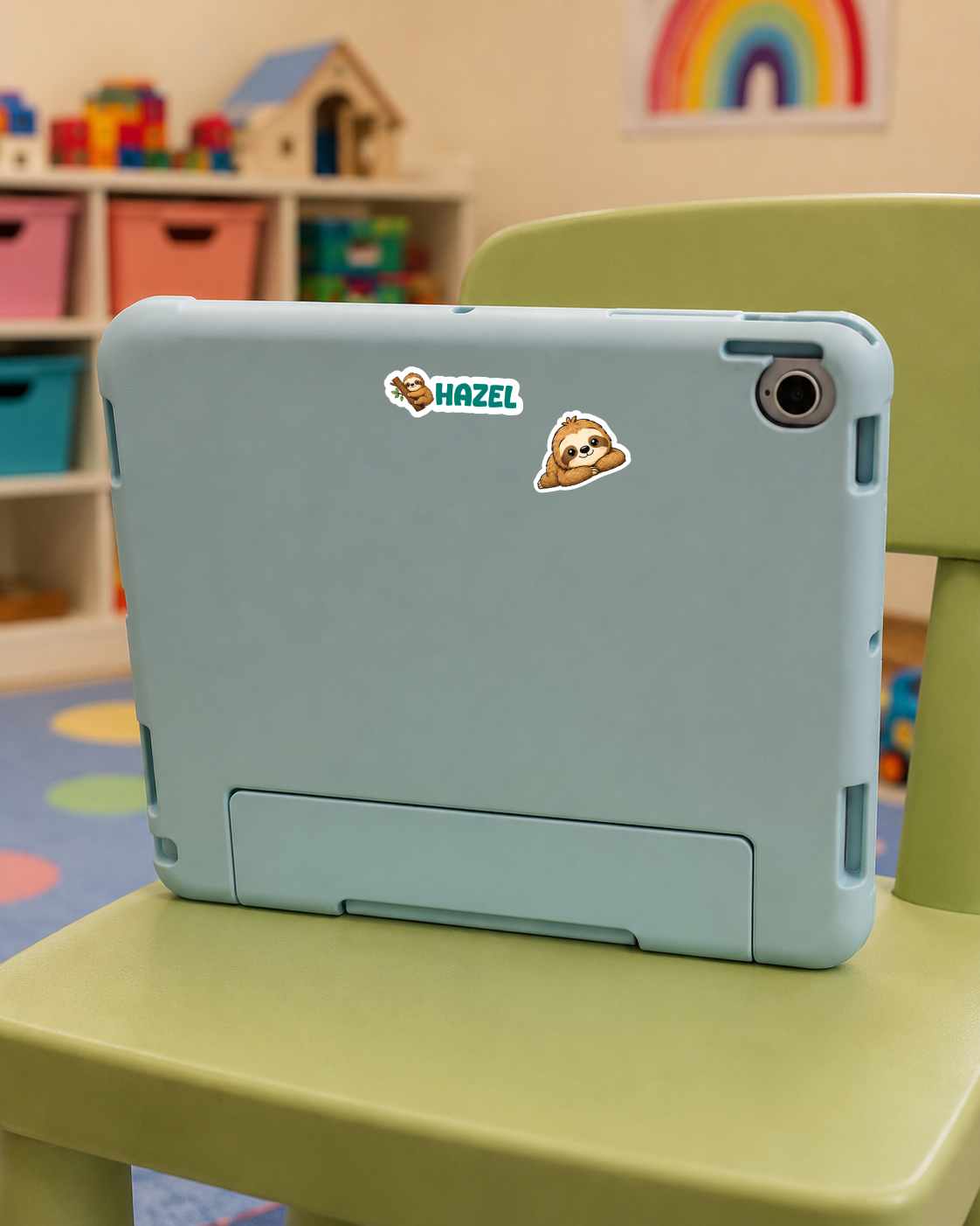 A light blue protective tablet case with two stickers, one reading 'HAZEL' and another of a cartoon sloth, shown on a green chair in a child's room.