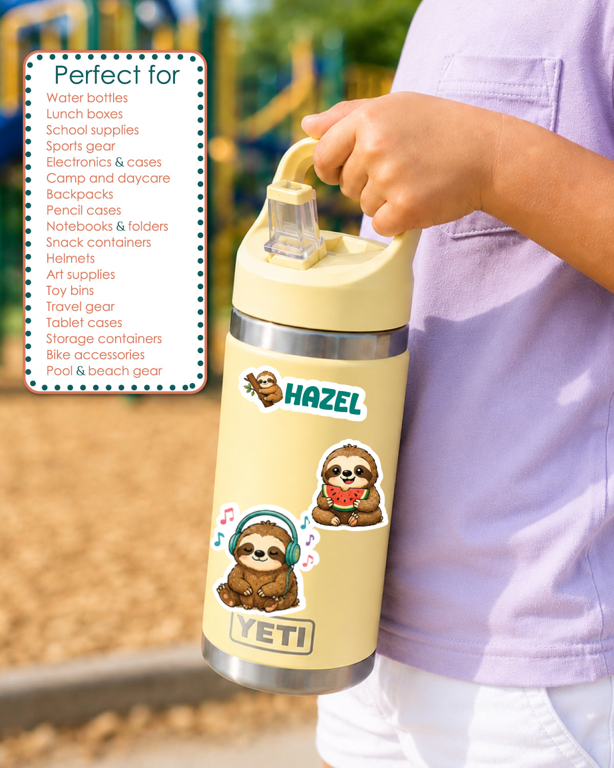 A person in a light purple shirt holds a pale yellow YETI water bottle with a stainless steel top. The bottle has a cartoon sloth sticker and a list of compatible products printed on the side, with a matching inset graphic on the left.