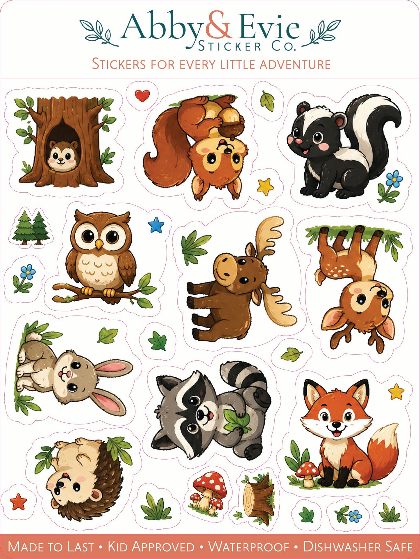 A sheet of whimsical animal stickers from Abby & Evie Sticker Co. featuring cartoon woodland characters including a squirrel, skunk, owl, moose, raccoon, fox, hedgehog, rabbit, and a tree hollow.