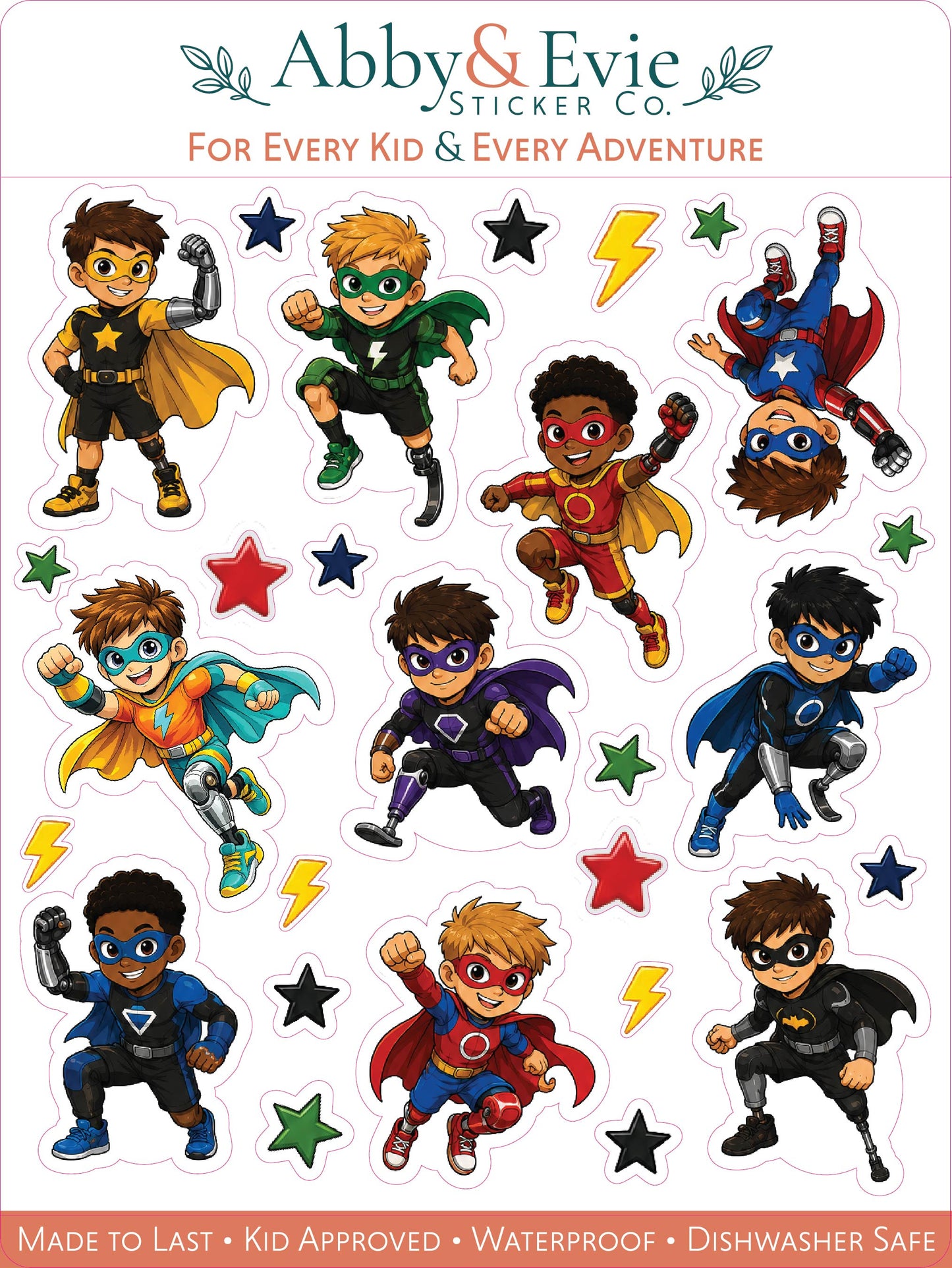 A sheet of die-cut stickers from Abby & Evie Sticker Co. featuring cartoon children dressed as superheroes, with stars and lightning bolts on a white background.