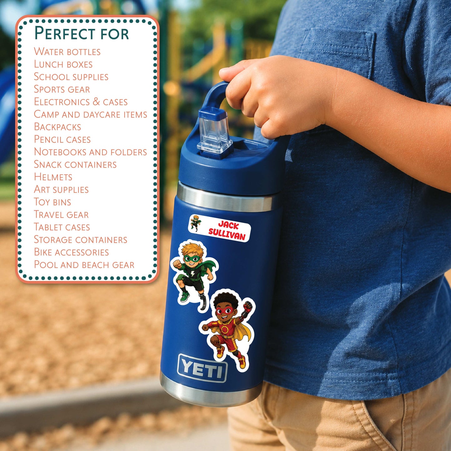 A person in a blue shirt holds a blue YETI water bottle with cartoon character stickers. A white text box on the left lists many product uses, with a blurred outdoor background.