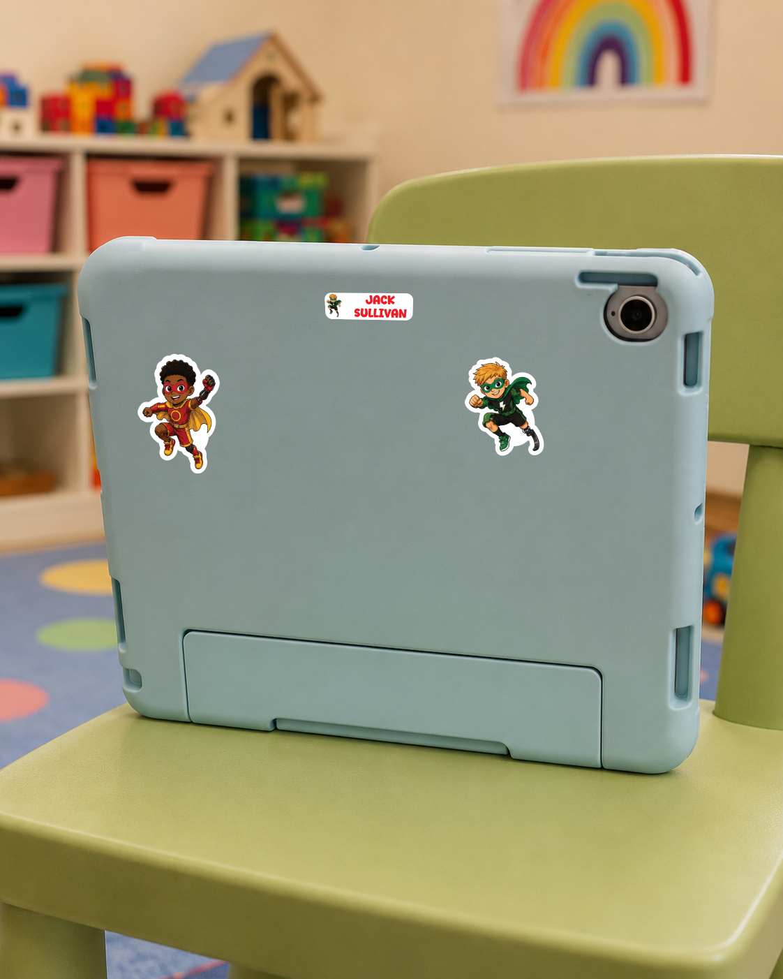 A light blue protective tablet case with two cartoon character stickers and a 'JACK'S BULLING' label, shown on a green chair in a child's playroom.