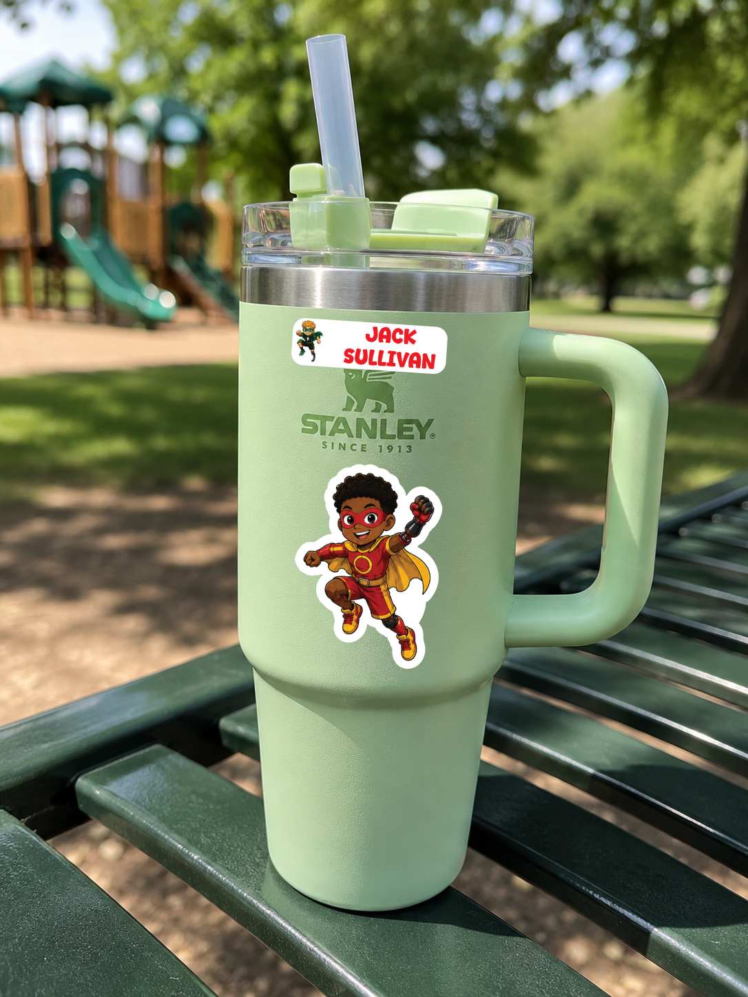 A mint green Stanley tumbler with a handle, clear lid, and straw sits on a green park bench. The cup has a custom Jack Sullivan sticker and a cartoon character decal, with a blurred park background.