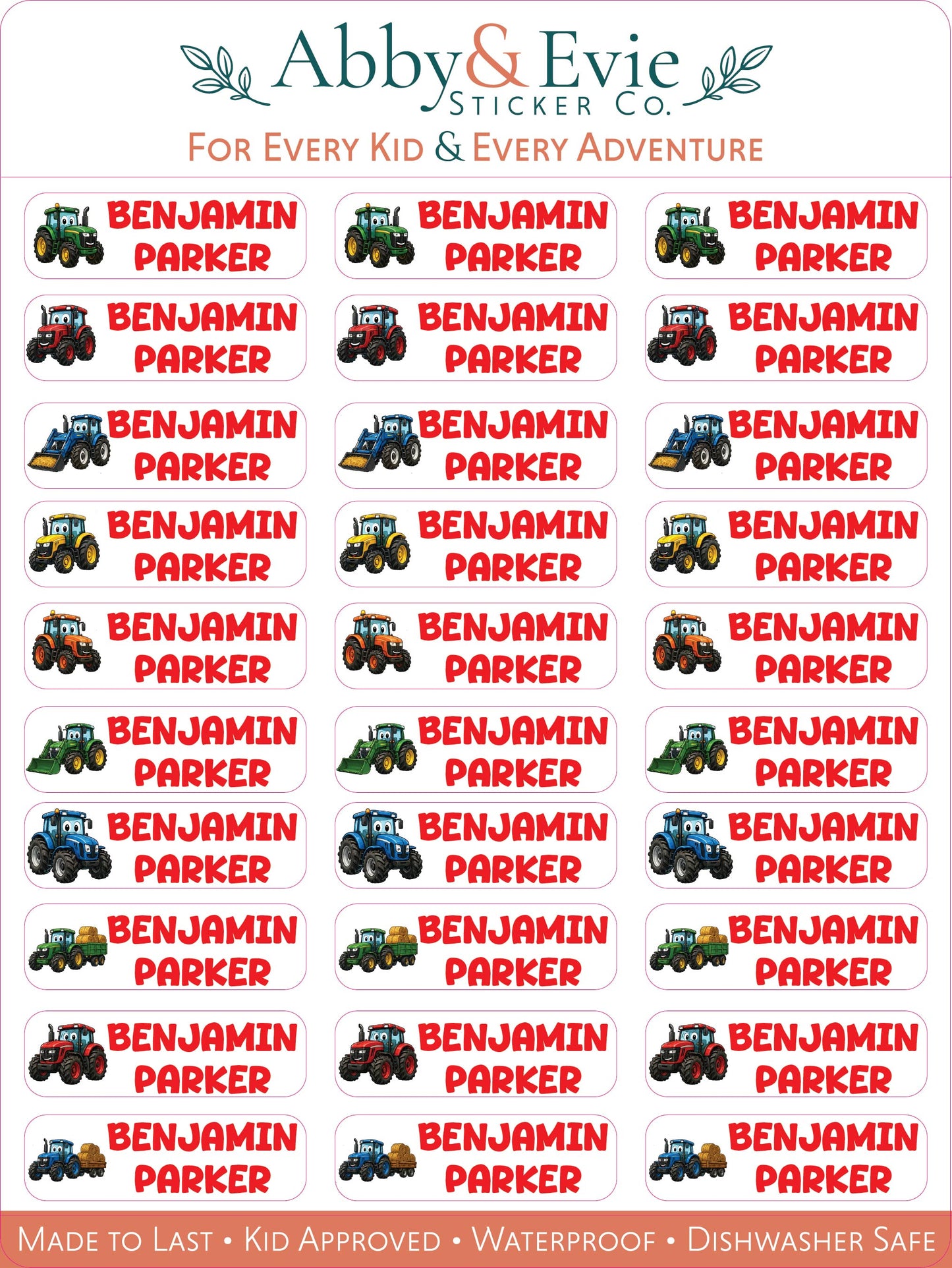 A sheet of personalized tractor-themed stickers from Abby & Evie Sticker Co. featuring the name 'BENJAMIN PARKER' in red text next to illustrations of various colorful tractors, on a white background with decorative headers and footer text.
