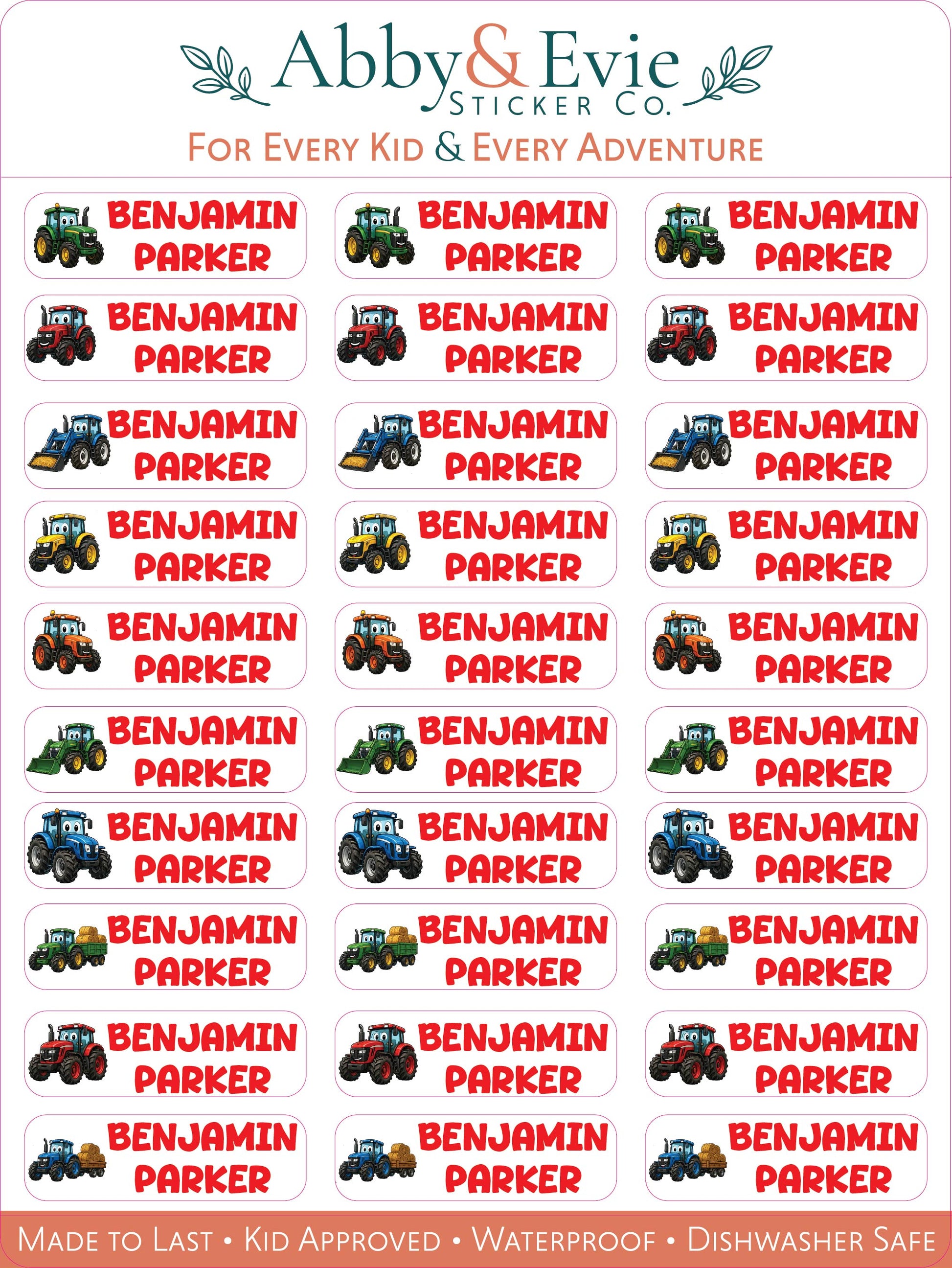 A sheet of personalized tractor-themed stickers from Abby & Evie Sticker Co. featuring the name 'BENJAMIN PARKER' in red text next to illustrations of various colorful tractors, on a white background with decorative headers and footer text.
