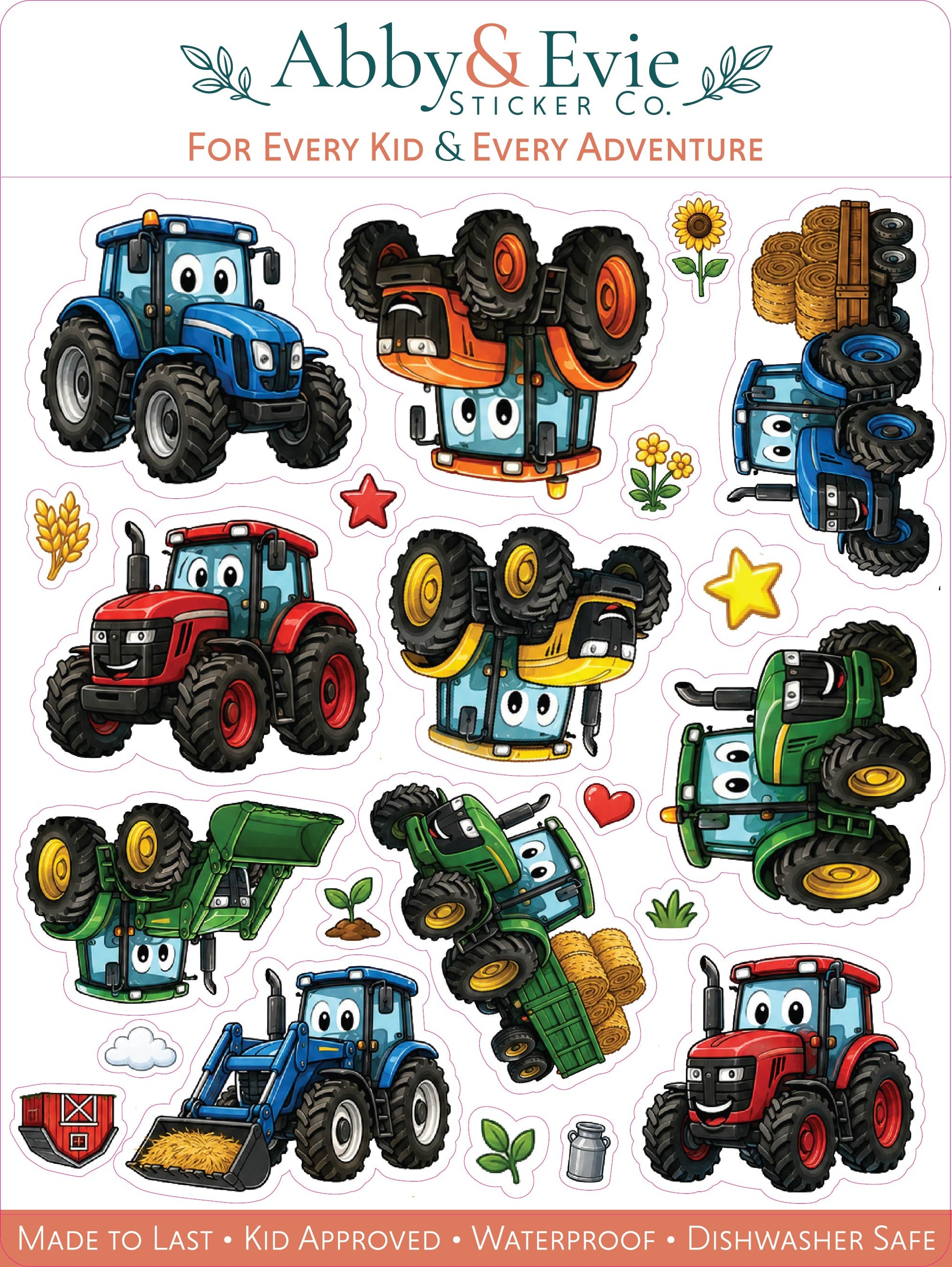 A sheet of cartoon tractor stickers from Abby & Evie Sticker Co. featuring multiple colorful tractor designs, small farm icons like hay bales, flowers, and seeds, and text at the top and bottom describing the product.