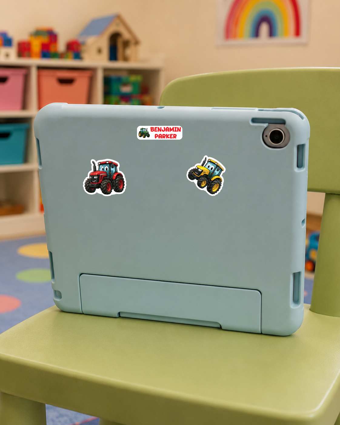 A light blue tablet case with two tractor stickers and a 'BENJAMIN MARKER' name sticker, shown on a green children's chair in a colorful playroom setting.