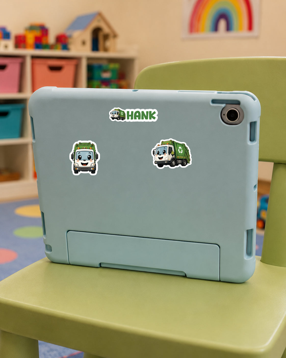 A light blue tablet case with two green cartoon trash truck stickers, shown resting on a green children's chair in a colorful playroom.