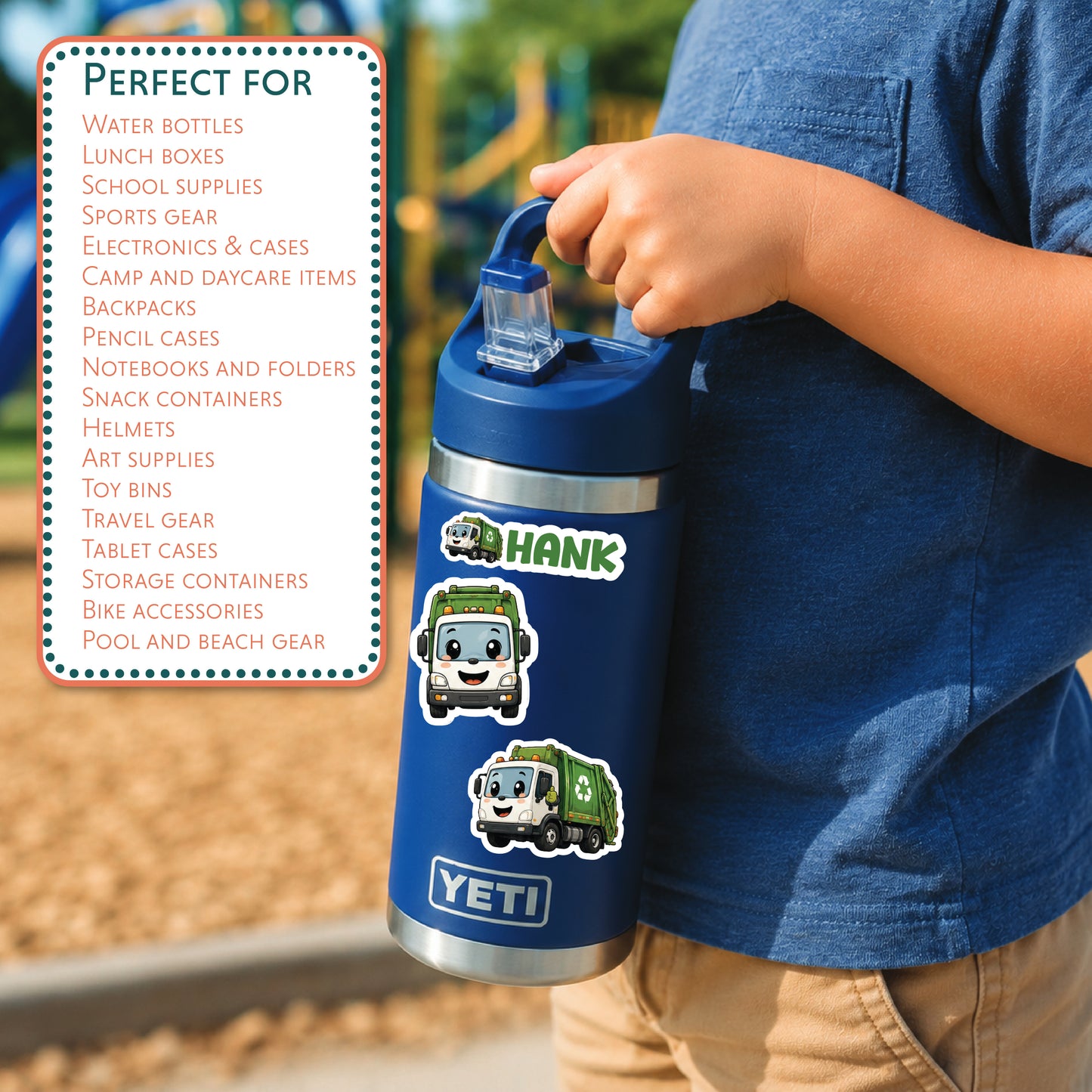 A child wearing a blue shirt holds a blue YETI water bottle with a silver lid. The bottle has green trash-can-themed graphics and stickers, including the name 'HANK'.
