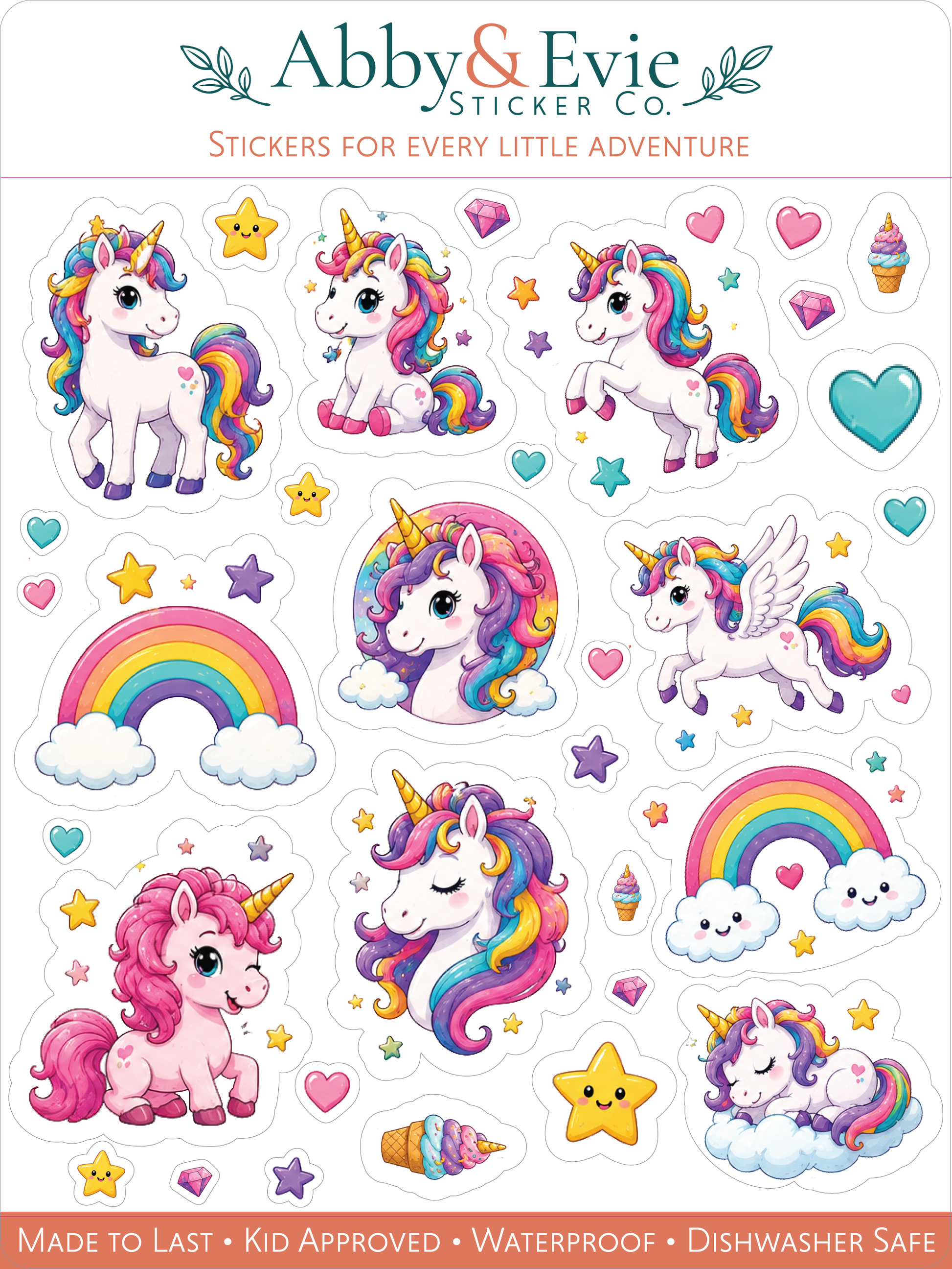 A sheet of colorful unicorn-themed stickers from Abby & Evie Sticker Co. The stickers feature multiple cartoon unicorns in different poses, rainbows, stars, hearts, clouds, and ice cream cones on a white background, with branding at the top and product feature text along the bottom.