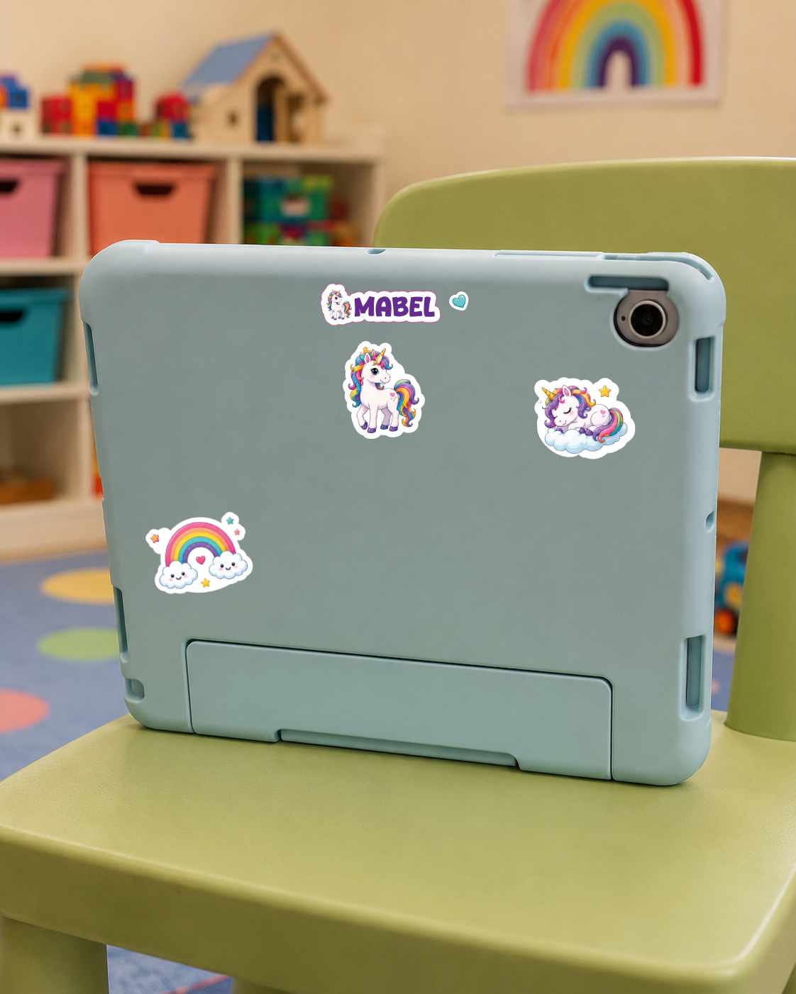 A mint green tablet case with unicorn and rainbow stickers, shown on a green chair in a child's room.