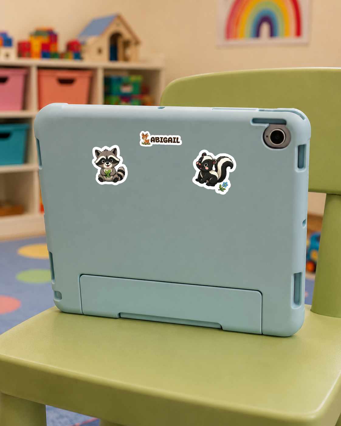 A light blue protective tablet case with a kickstand, decorated with two cartoon raccoon stickers, shown on a green chair in a child's room.