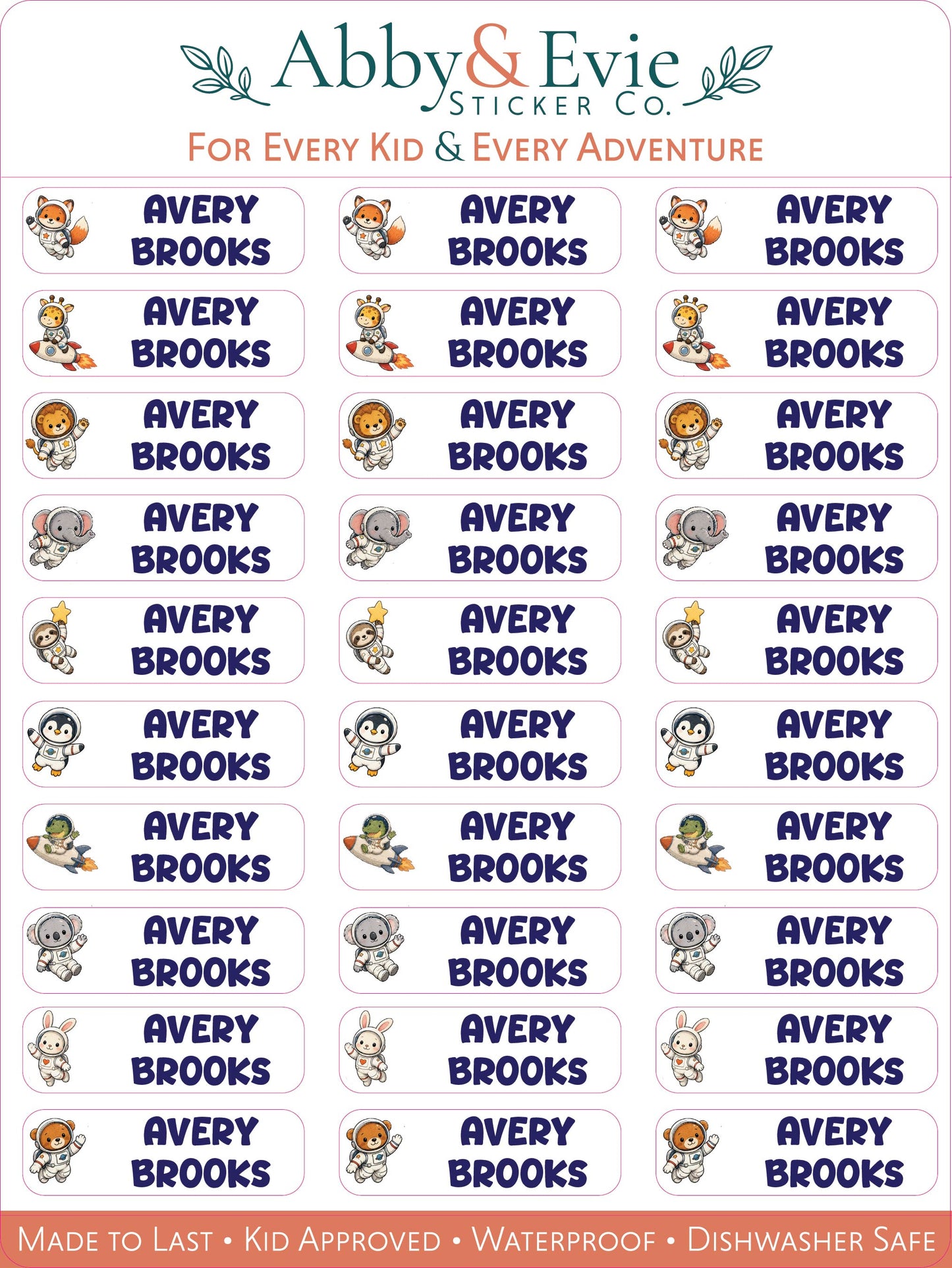 A sheet of Abby & Evie Sticker Co. name stickers featuring the name 'Avery Brooks' in navy blue text, accompanied by various cartoon animal illustrations such as a lion, elephant, penguin, and rabbit.