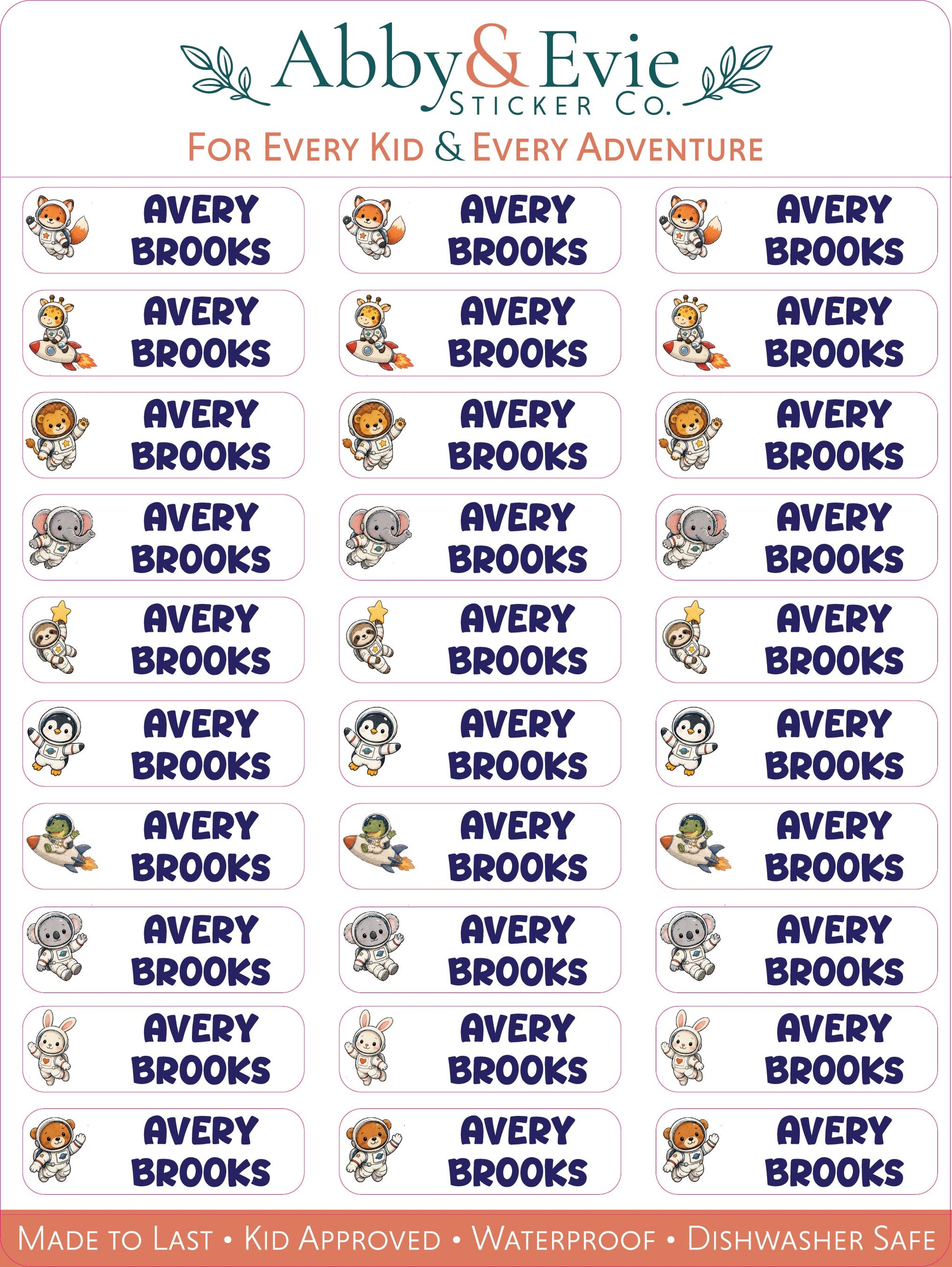A sheet of Abby & Evie Sticker Co. name stickers featuring the name 'Avery Brooks' in navy blue text, accompanied by various cartoon animal illustrations such as a lion, elephant, penguin, and rabbit.